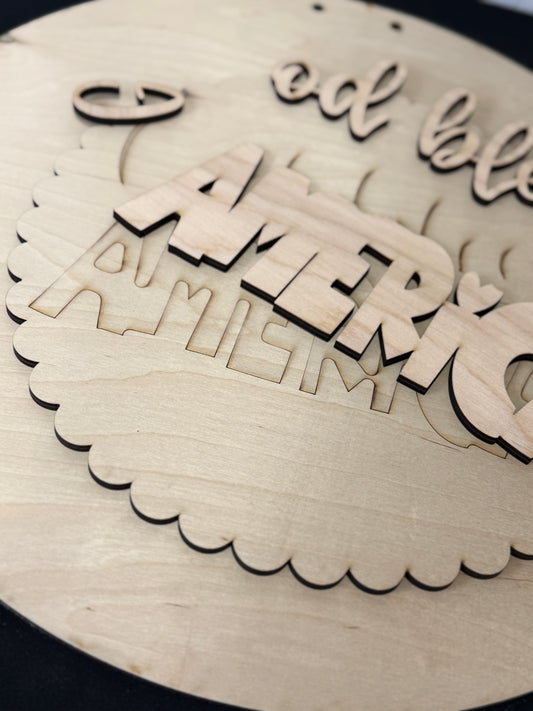 God Bless America Door Hanger DIY Kit | Patriotic Wood Blank with 3D Words | Faith Based Craft Kit | Scalloped Round Sign