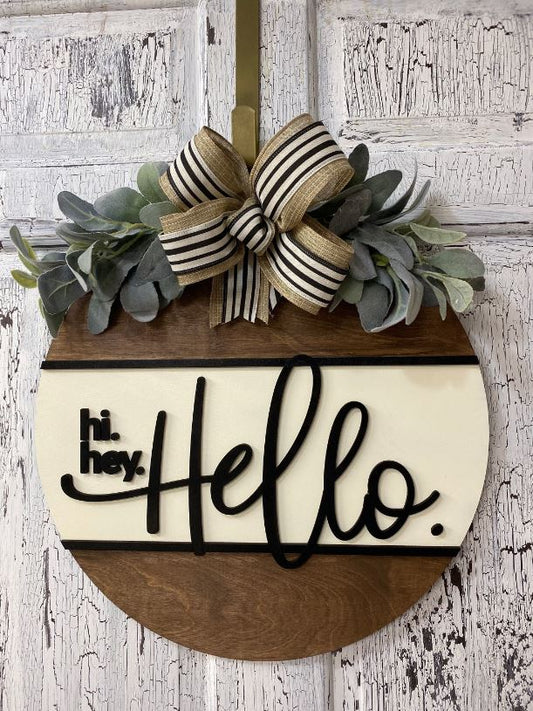 Wooden Front Door Hanger, Hi Hey Hello Wreath, Housewarming Gift for New Homeowners
