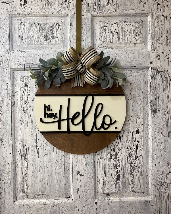 Wooden Front Door Hanger, Hi Hey Hello Wreath, Housewarming Gift for New Homeowners