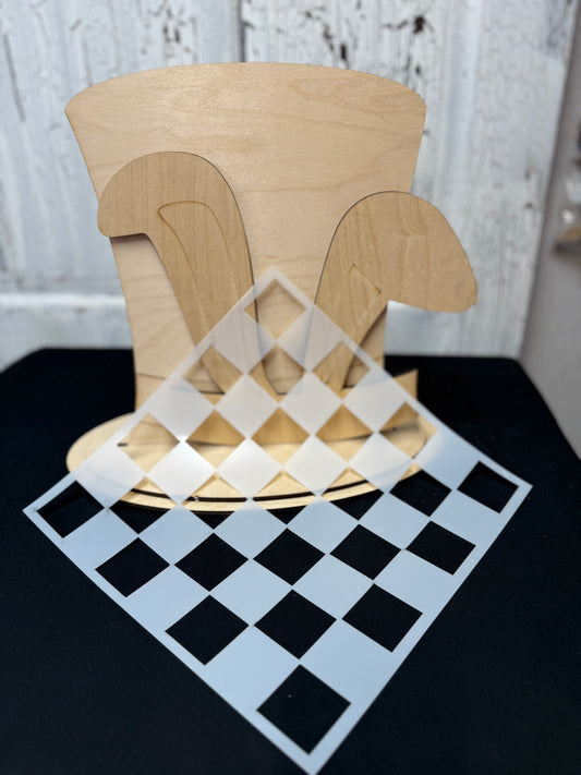DIY Easter Shelf Sitter Kit – Wooden Top Hat with Bunny Ears + 12x12 Checkerboard Mylar Stencil | Layered Birch Wood Paint Kit | Spring Decor Craft