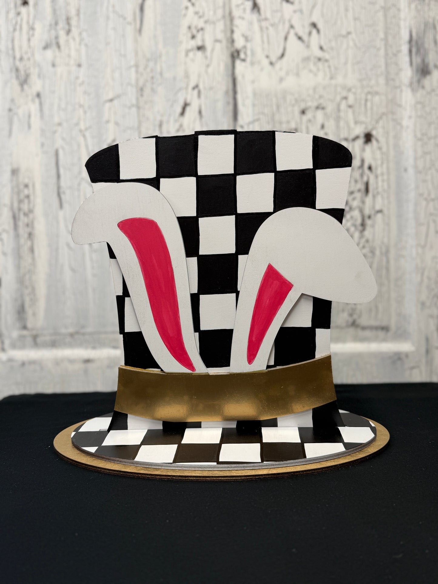 DIY Easter Shelf Sitter Kit – Wooden Top Hat with Bunny Ears + 12x12 Checkerboard Mylar Stencil | Layered Birch Wood Paint Kit | Spring Decor Craft