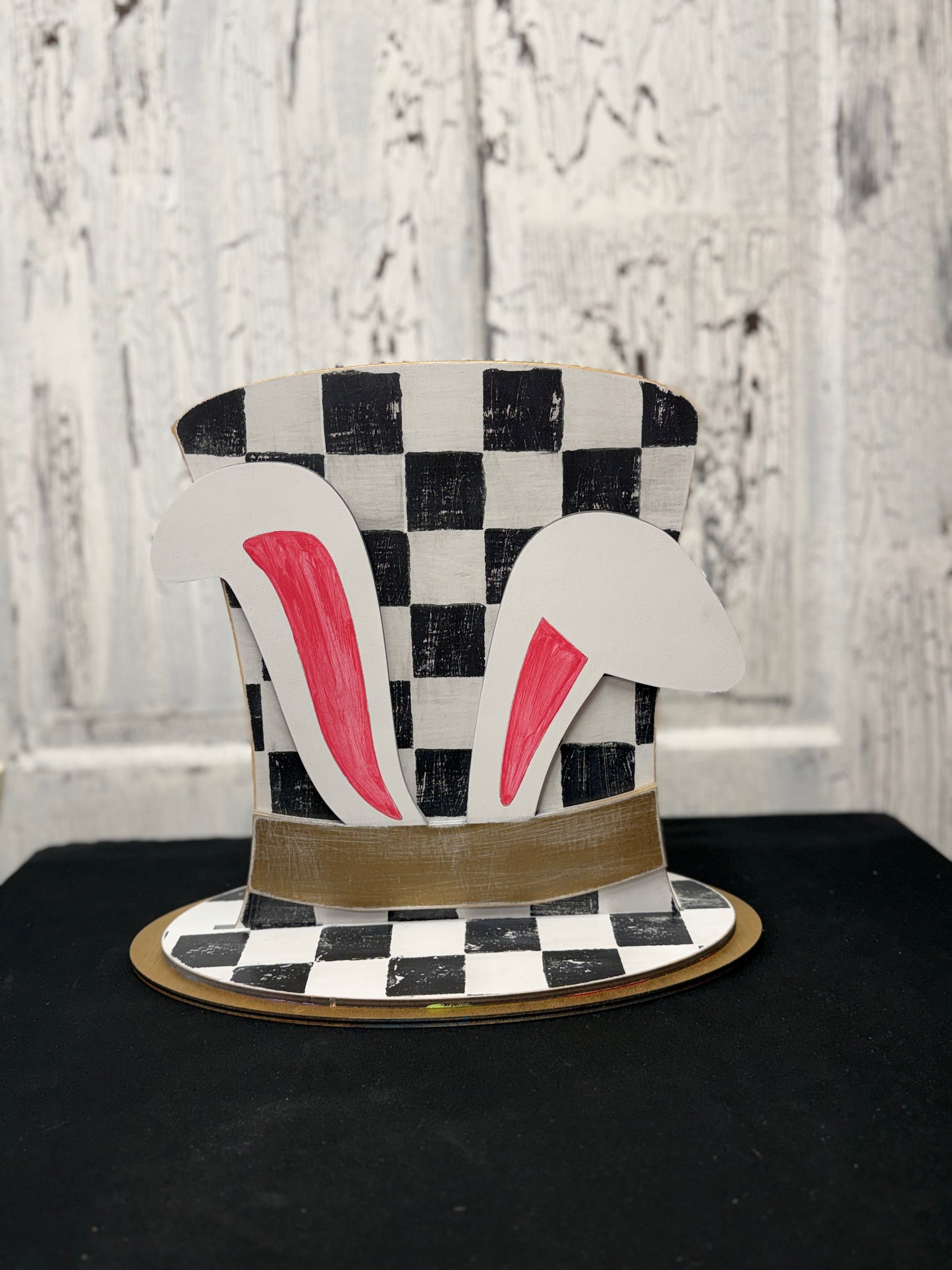 DIY Easter Shelf Sitter Kit – Wooden Top Hat with Bunny Ears + 12x12 Checkerboard Mylar Stencil | Layered Birch Wood Paint Kit | Spring Decor Craft