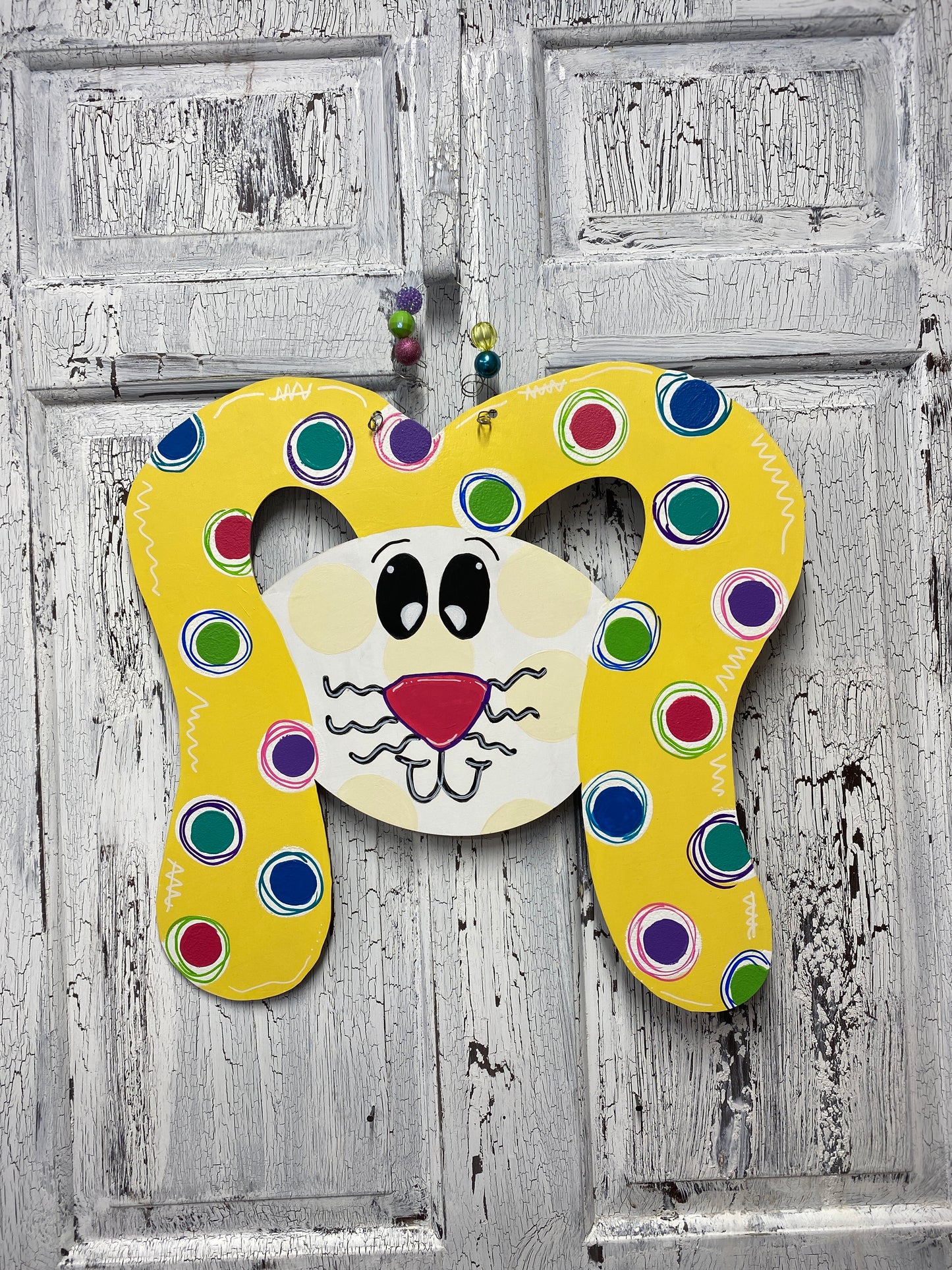 Floppy Ear Bunny Wreath Door Hanger, Yellow Rabbit Multi Color Polka Dots