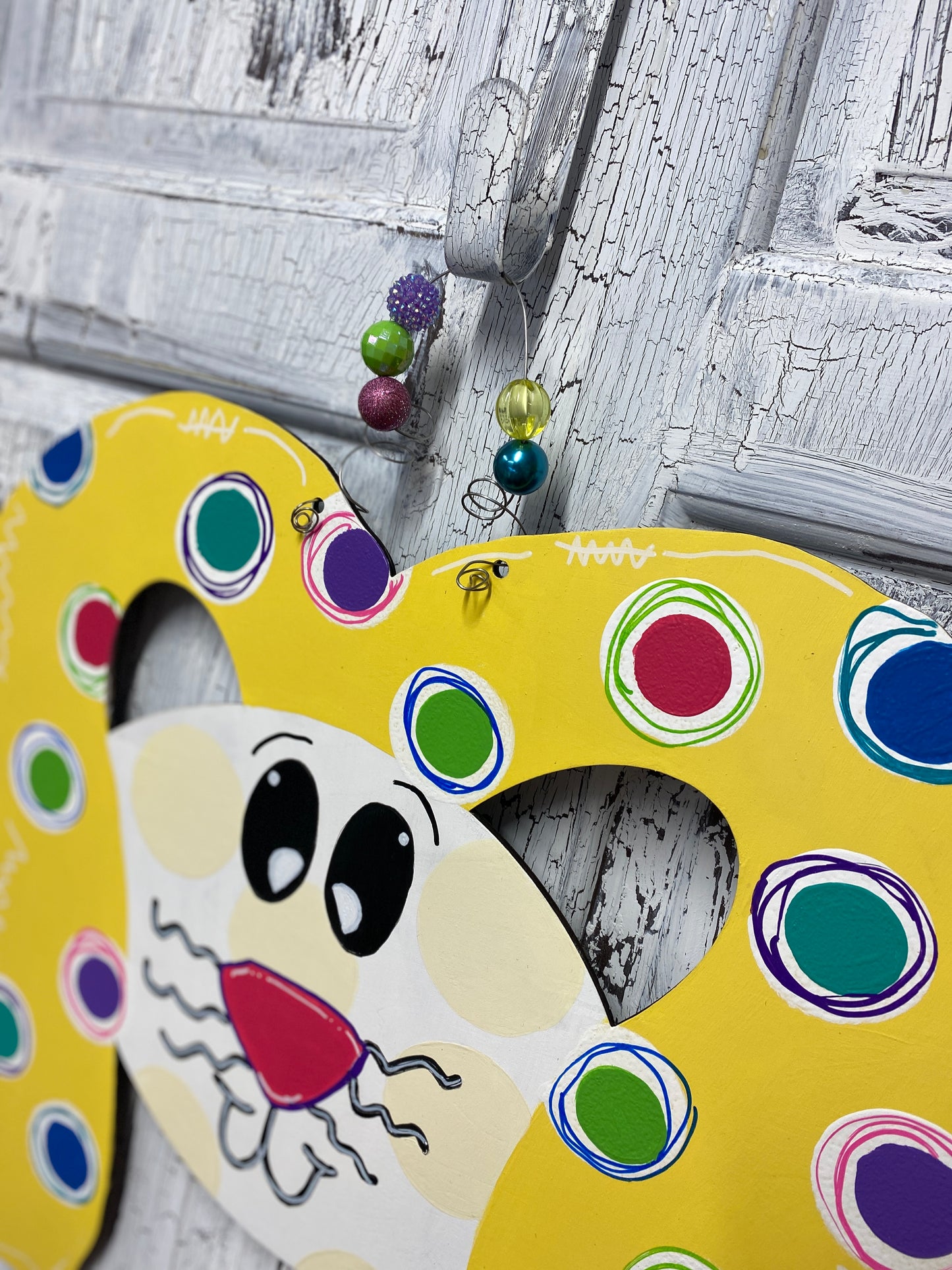 Floppy Ear Bunny Wreath Door Hanger, Yellow Rabbit Multi Color Polka Dots
