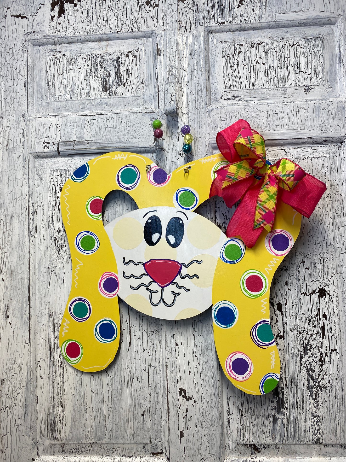 Floppy Ear Bunny Wreath Door Hanger, Yellow Rabbit Multi Color Polka Dots