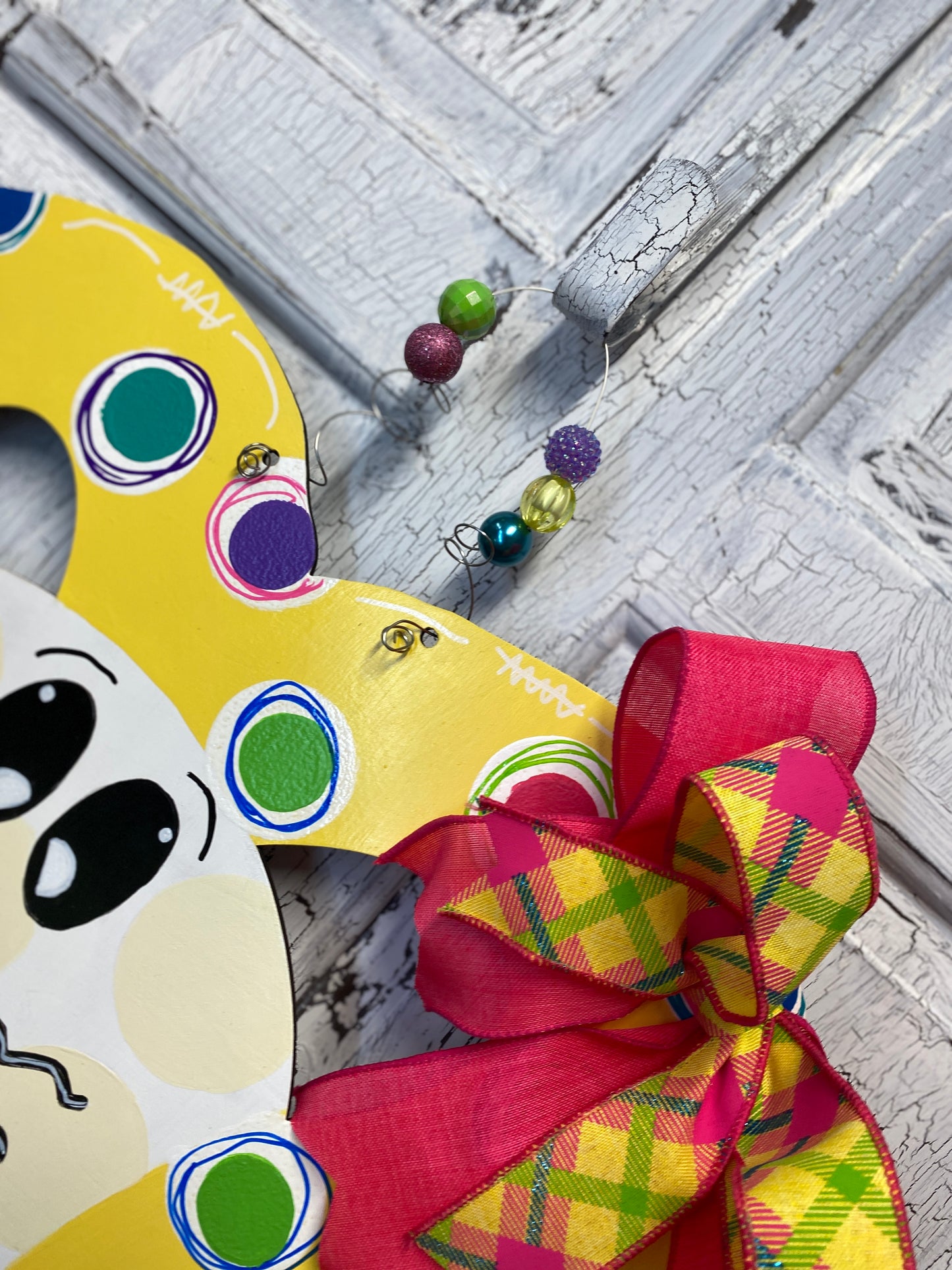 Floppy Ear Bunny Wreath Door Hanger, Yellow Rabbit Multi Color Polka Dots