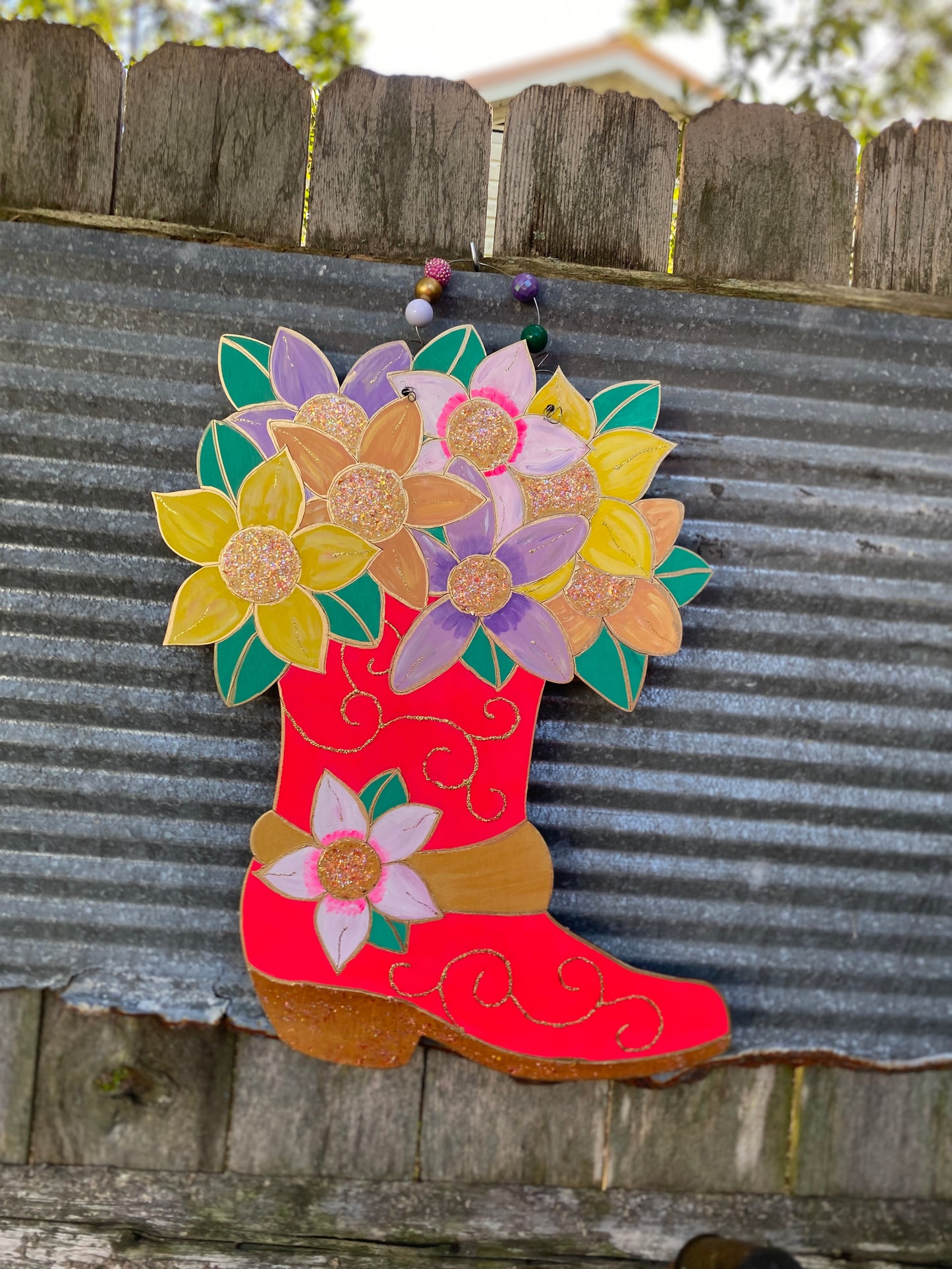 Neon Pink Cowboy Boot Door Hanger with Metallic Gold Details