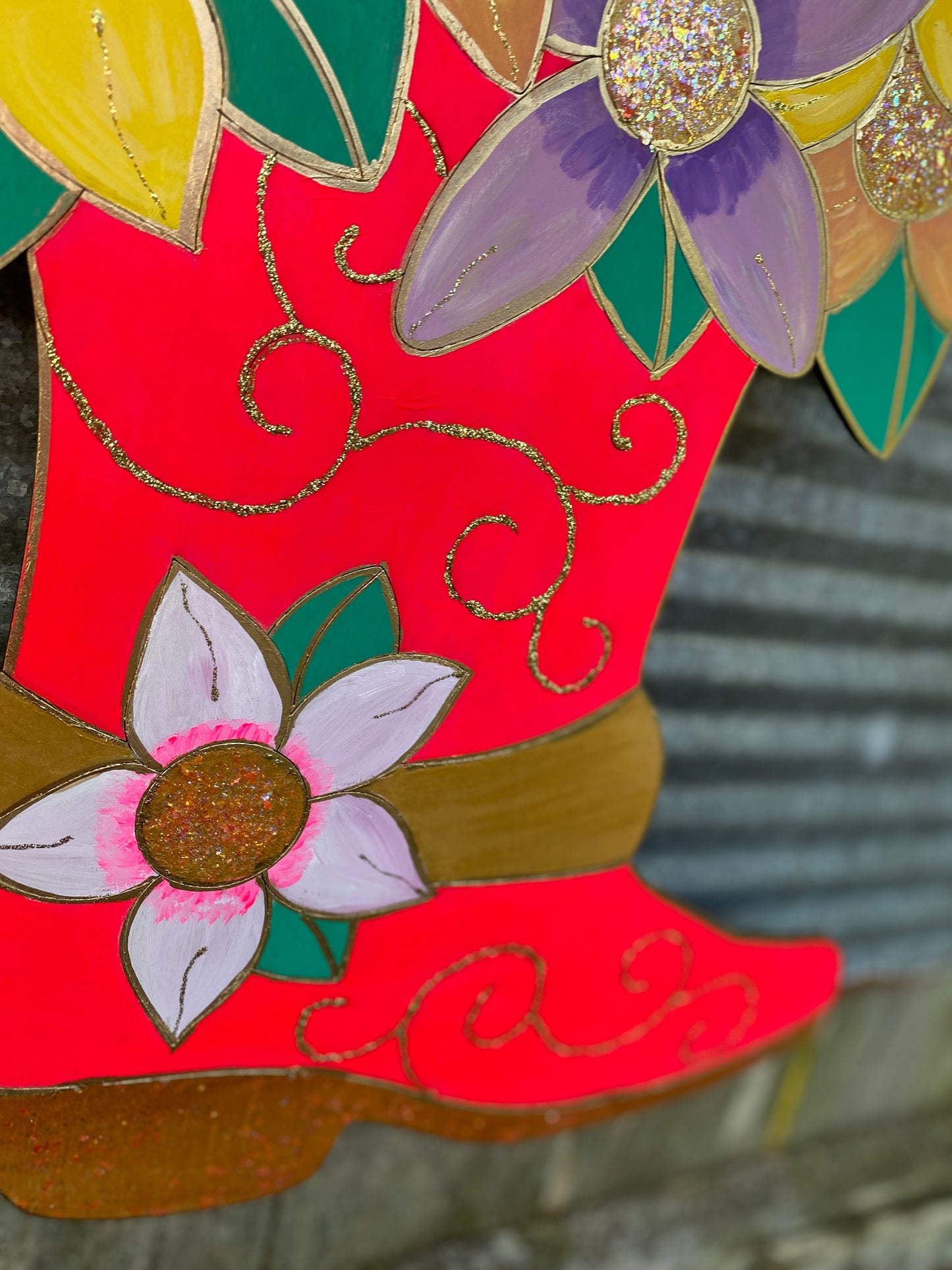 Neon Pink Cowboy Boot Door Hanger with Metallic Gold Details