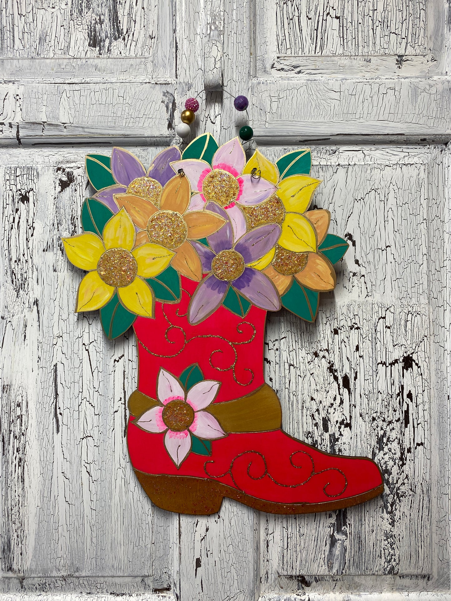 Neon Pink Cowboy Boot Door Hanger with Metallic Gold Details