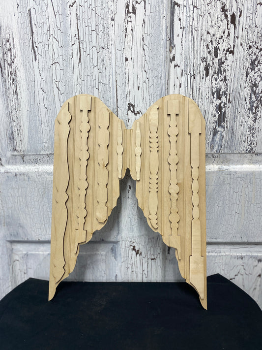 Angel Wings Wooden Cutout with Spindle Pieces, DIY Laser-Cut Door Hanger / Wall Hanging Kit