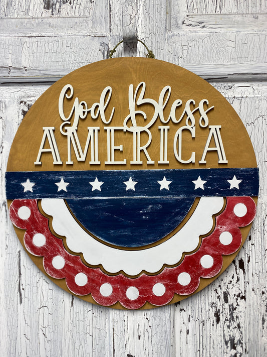 Patriotic Bunting Wooden Door Hanger, God Bless America Wall Hanging, USA Patriotic Decor