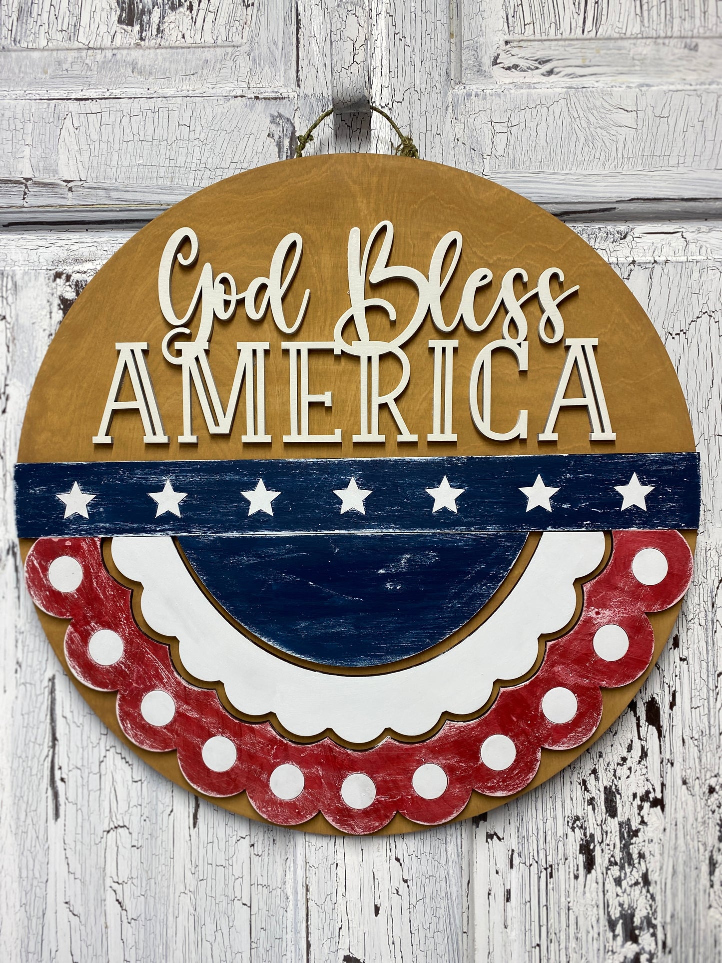 Patriotic Bunting Wooden Door Hanger, God Bless America Wall Hanging, USA Patriotic Decor