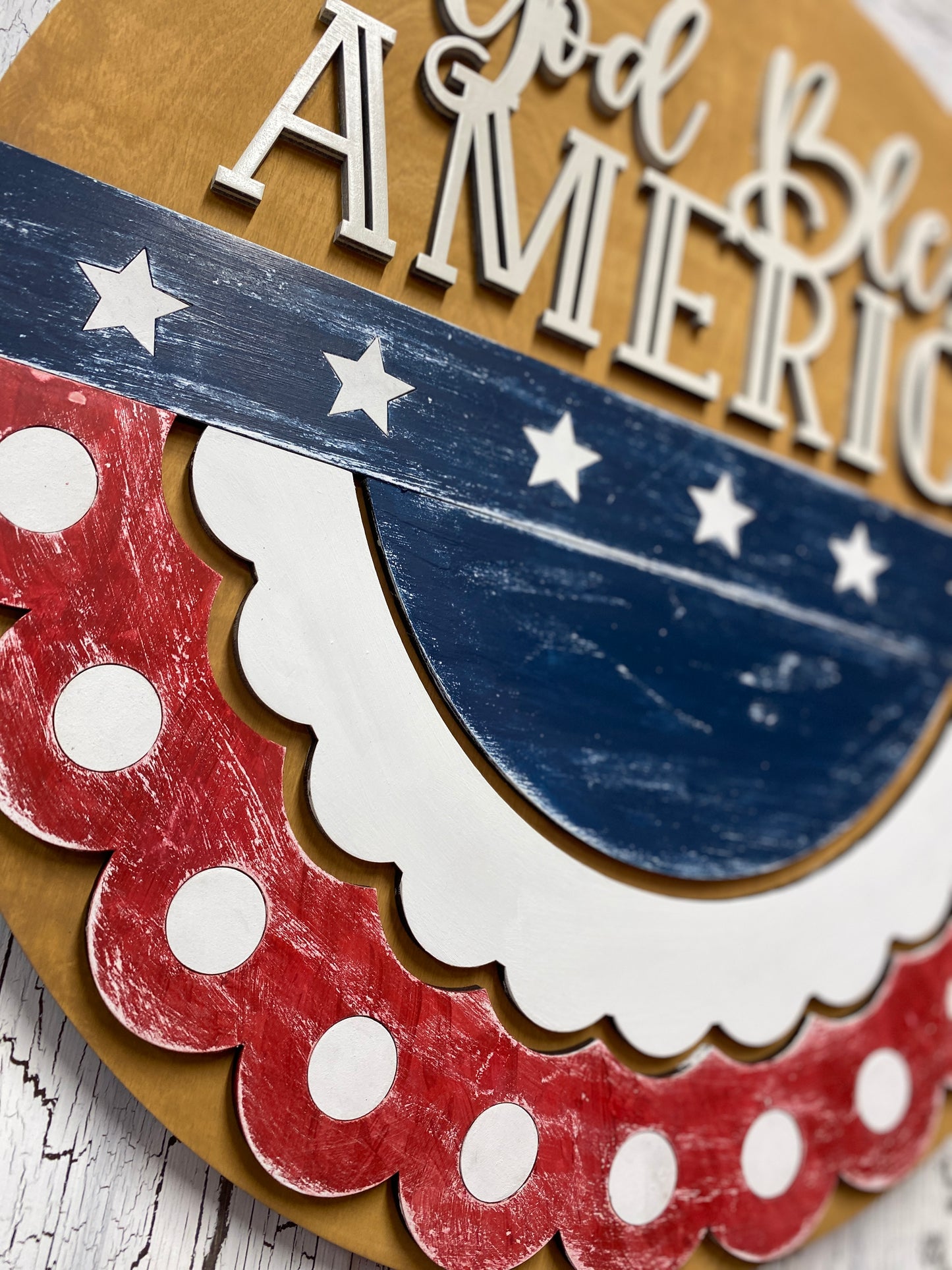 Patriotic Bunting Wooden Door Hanger, God Bless America Wall Hanging, USA Patriotic Decor