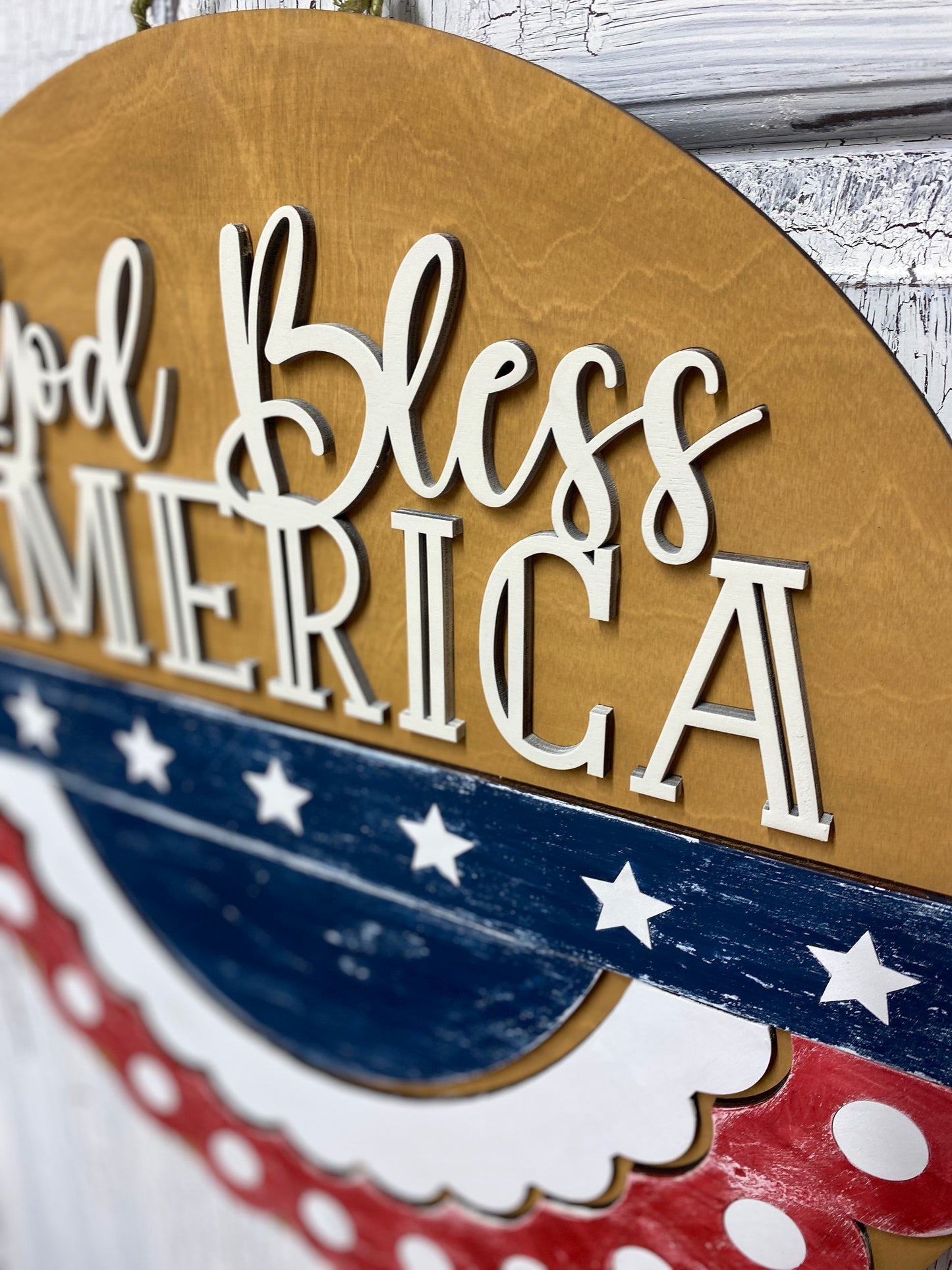 Patriotic Bunting Wooden Door Hanger, God Bless America Wall Hanging, USA Patriotic Decor