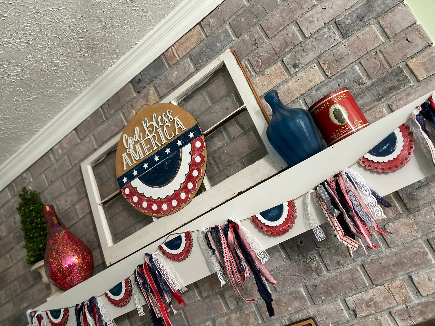 Patriotic Bunting Wooden Door Hanger, God Bless America Wall Hanging, USA Patriotic Decor