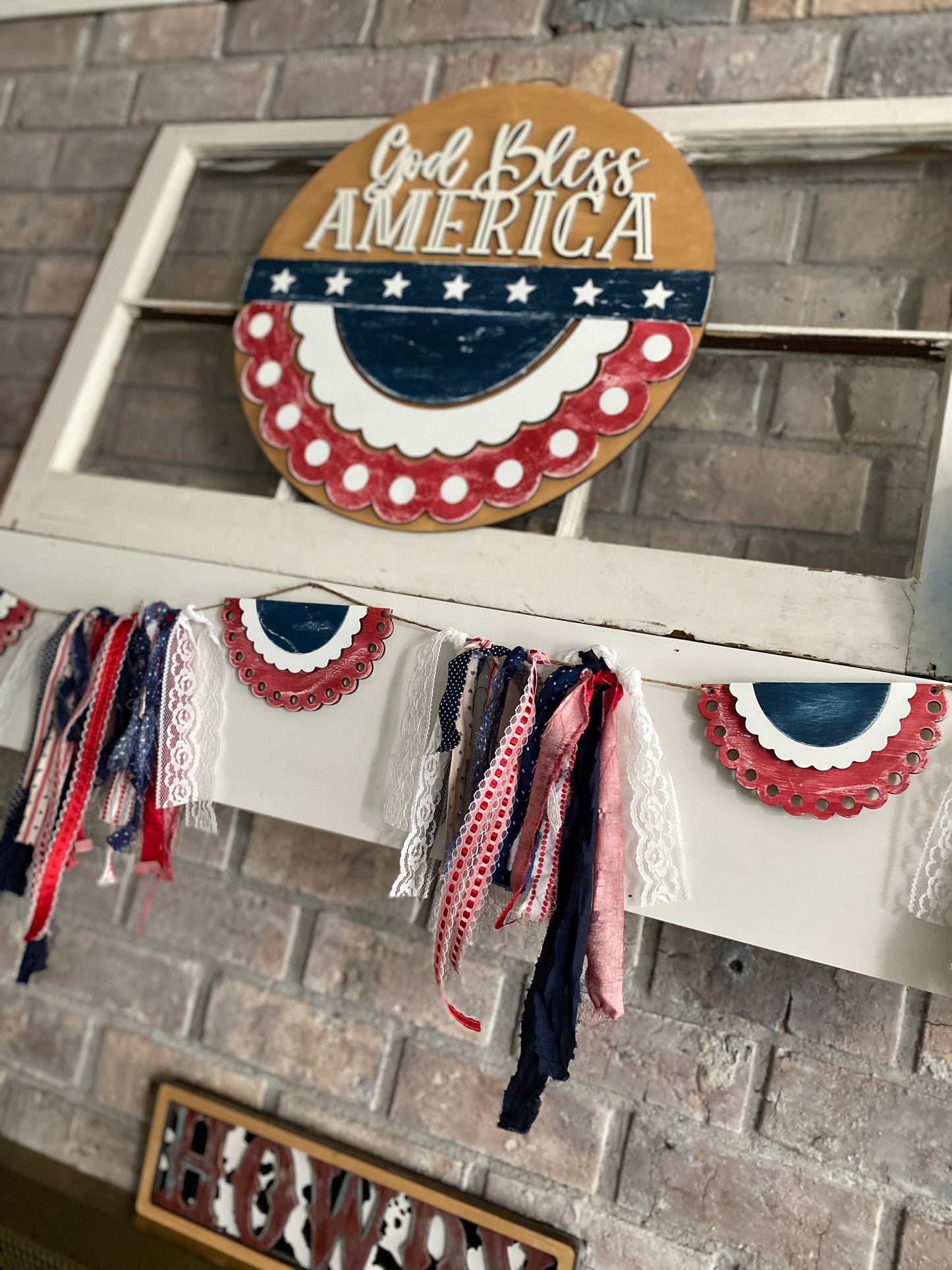 Patriotic Bunting Wooden Door Hanger, God Bless America Wall Hanging, USA Patriotic Decor