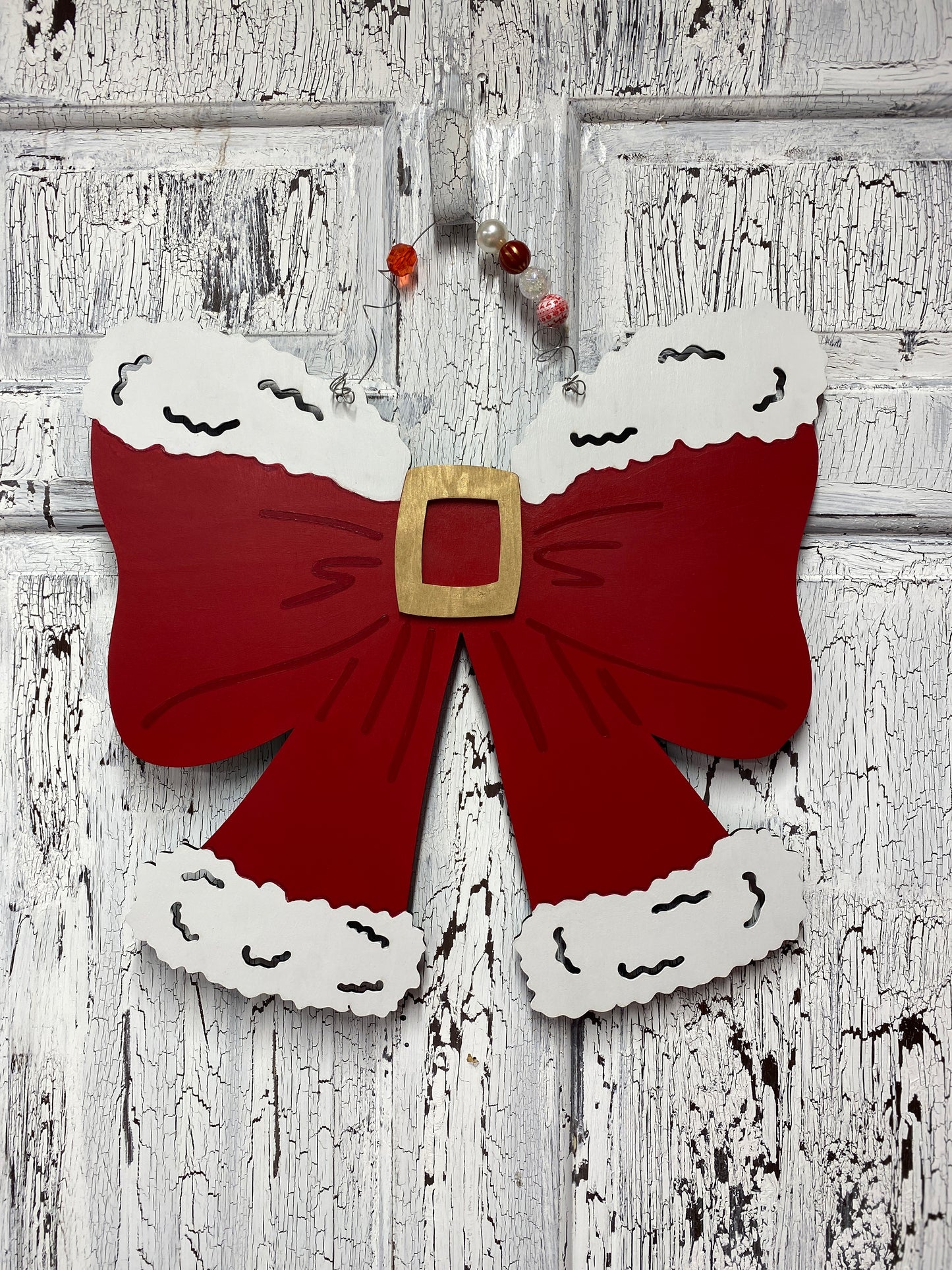 Santa Coquette Bow Christmas Door Hanger – Hand Painted Wooden Front Wreath Door Decor Holiday Wall Decoration Winter Wreath Alternative