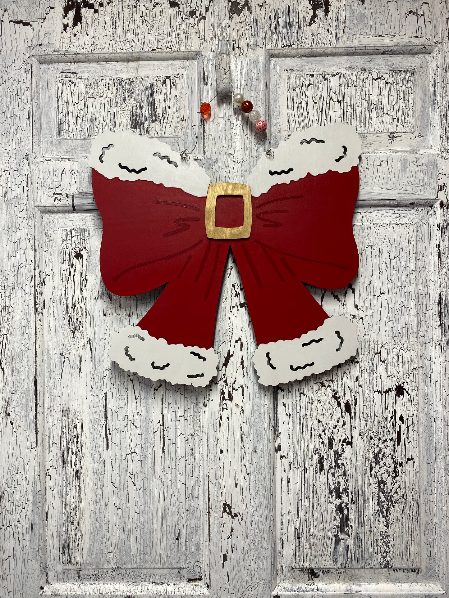 Santa Coquette Bow Christmas Door Hanger – Hand Painted Wooden Front Wreath Door Decor Holiday Wall Decoration Winter Wreath Alternative