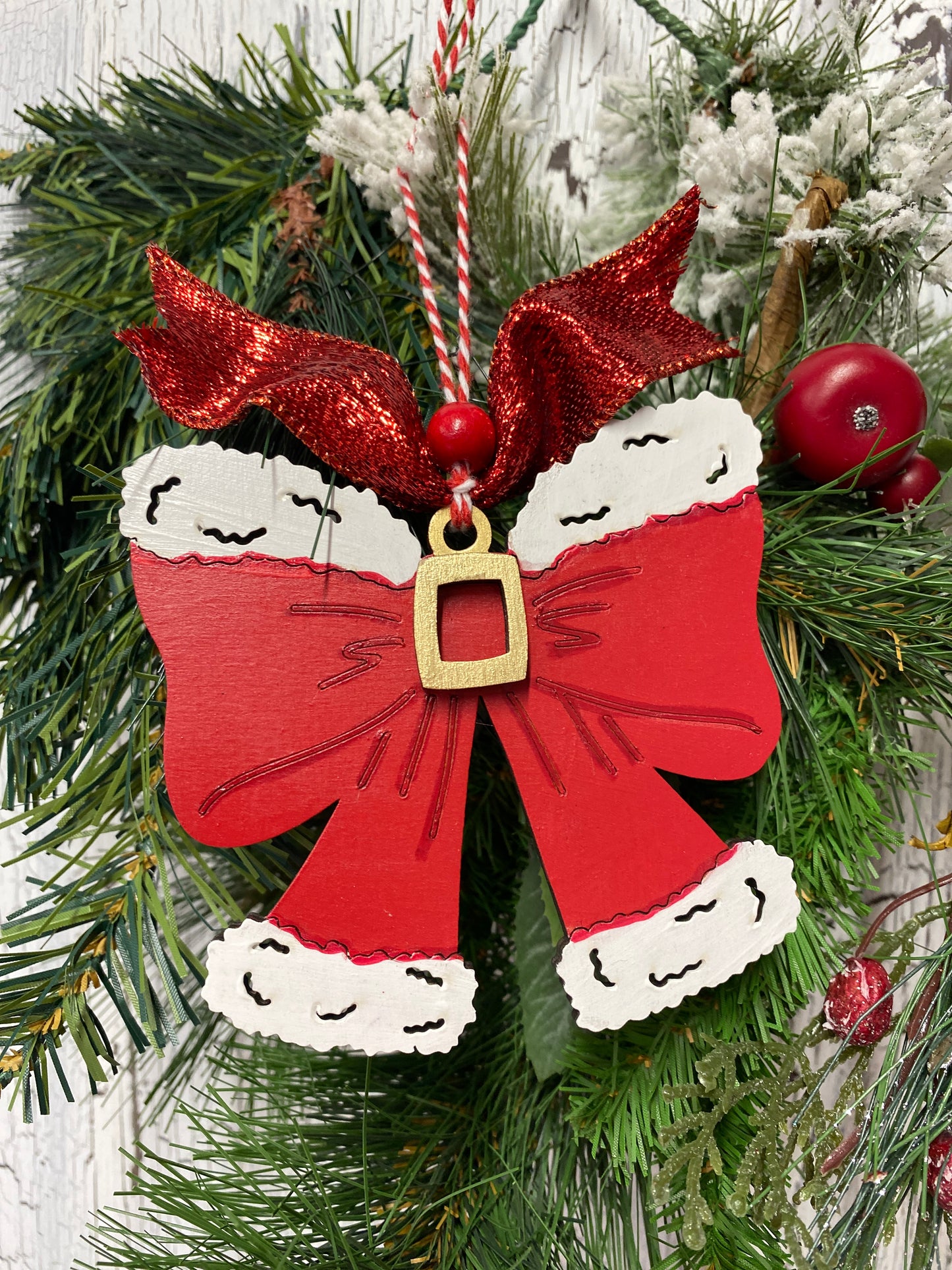 Santa Coquette Bow Christmas Door Hanger – Hand Painted Wooden Front Wreath Door Decor Holiday Wall Decoration Winter Wreath Alternative