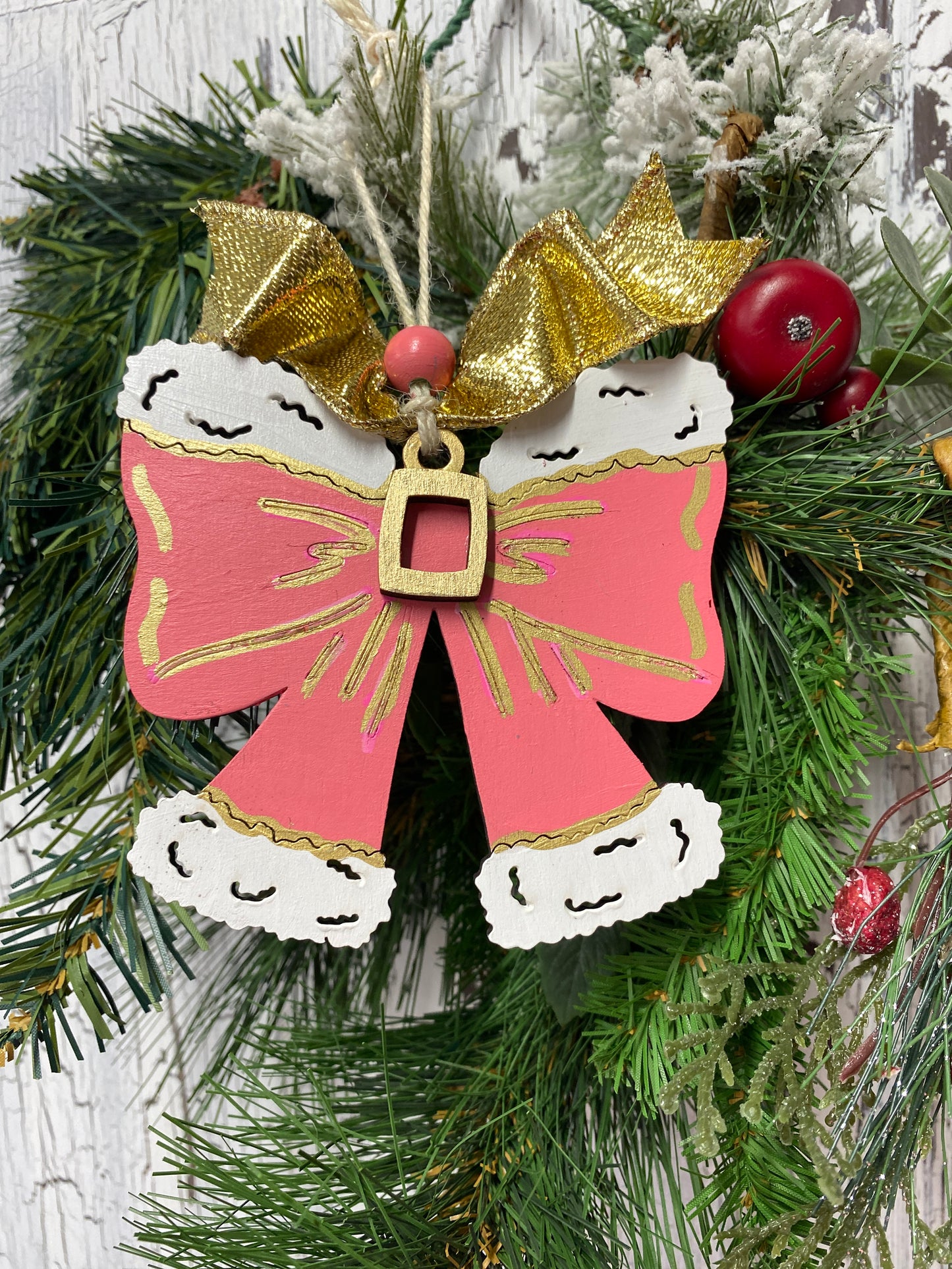 Santa Coquette Bow Christmas Door Hanger – Hand Painted Wooden Front Wreath Door Decor Holiday Wall Decoration Winter Wreath Alternative