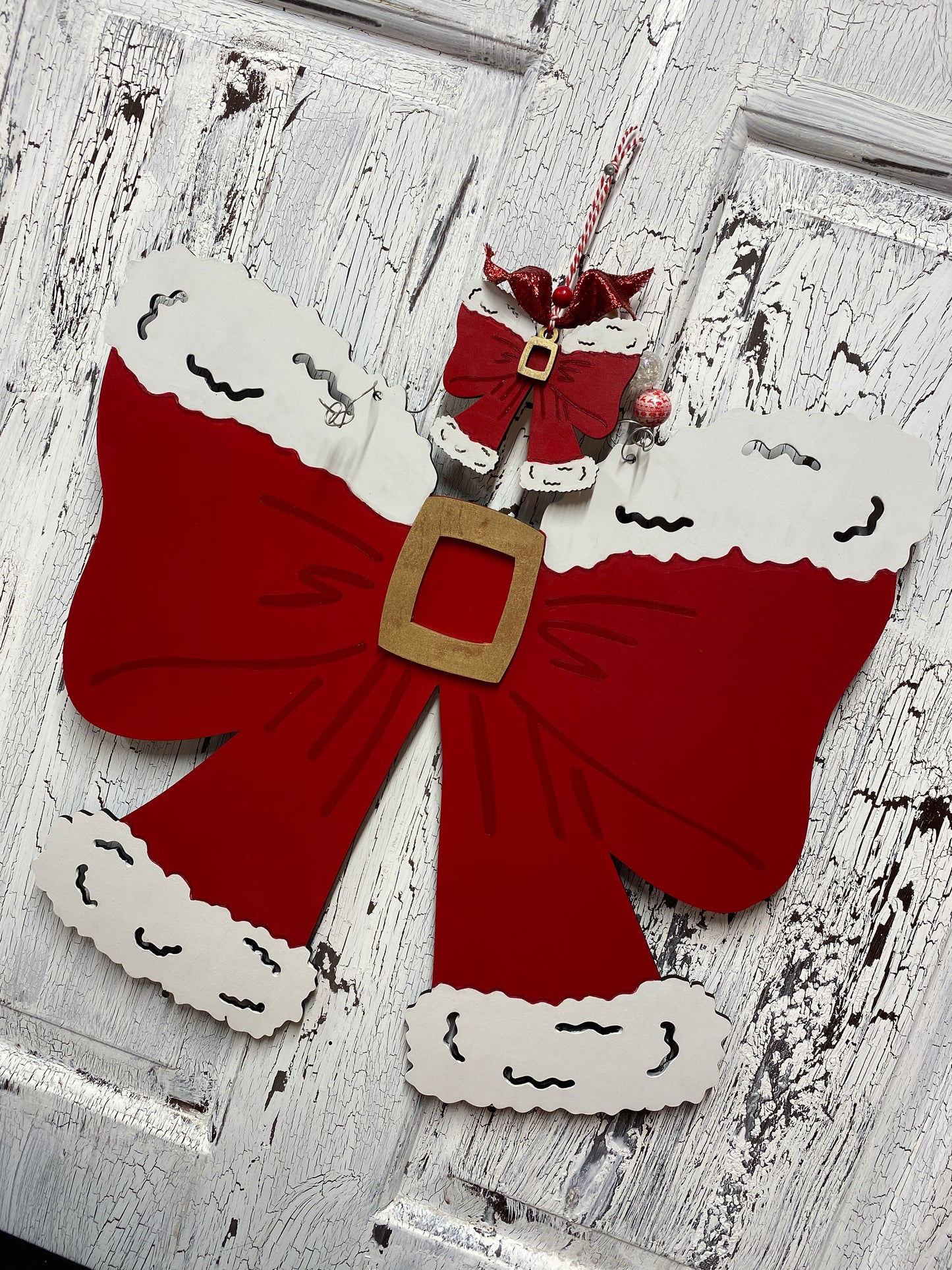 Santa Coquette Bow Christmas Door Hanger – Hand Painted Wooden Front Wreath Door Decor Holiday Wall Decoration Winter Wreath Alternative