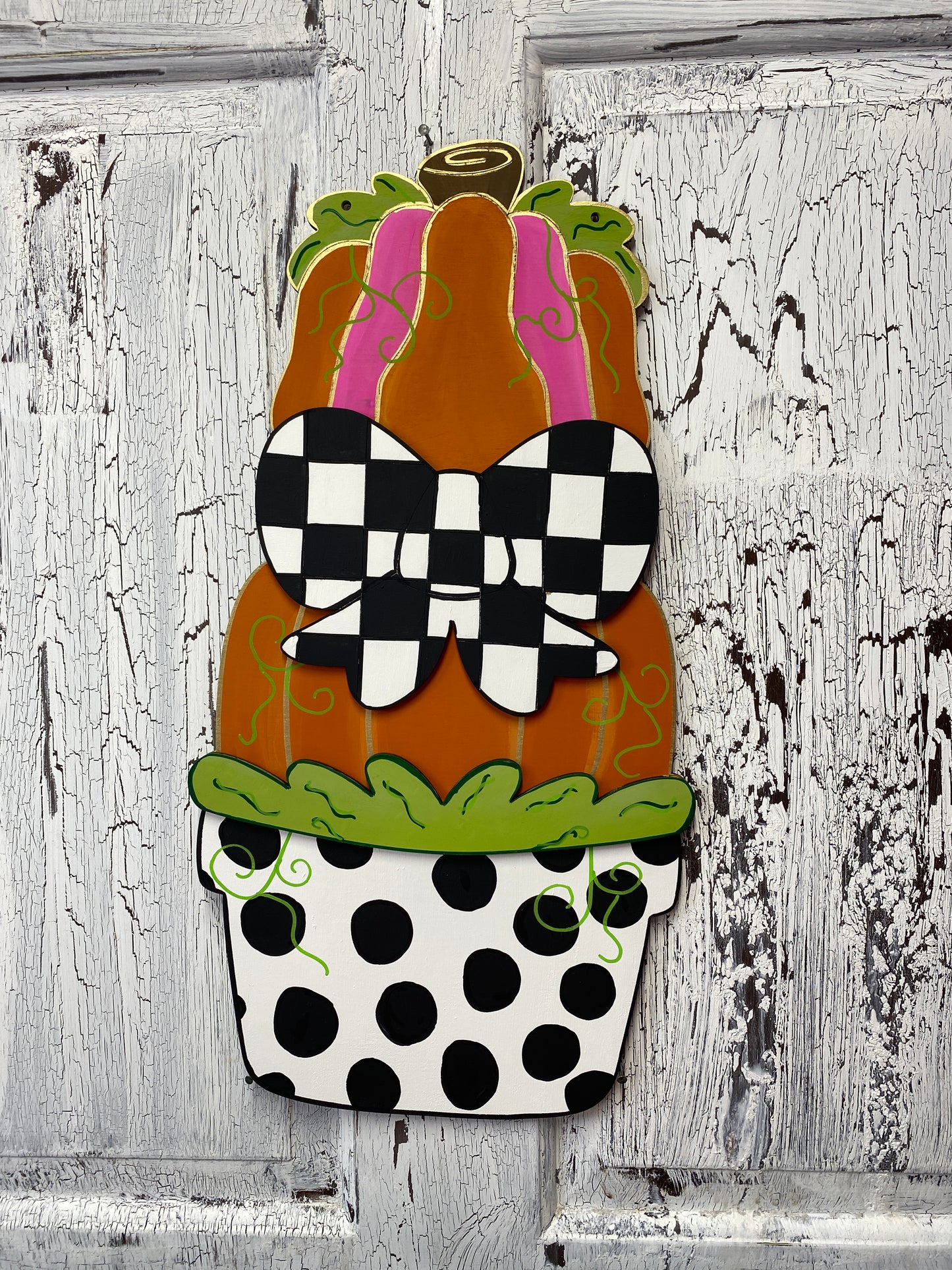 Pumpkin Topiary Checkered Black White Bow Door Hanger Whimsical Fall Front Door Wreath Pink Orange Hand Painted Autumn Porch Decoration