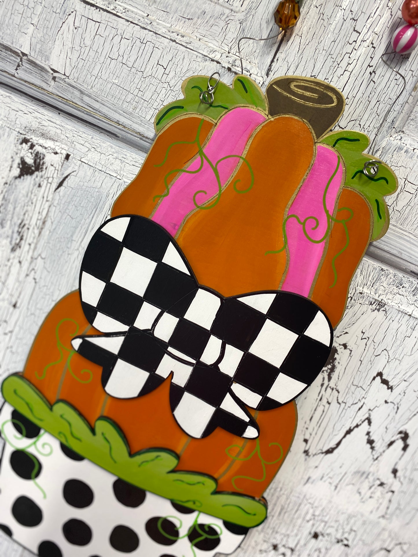 Pumpkin Topiary Checkered Black White Bow Door Hanger Whimsical Fall Front Door Wreath Pink Orange Hand Painted Autumn Porch Decoration