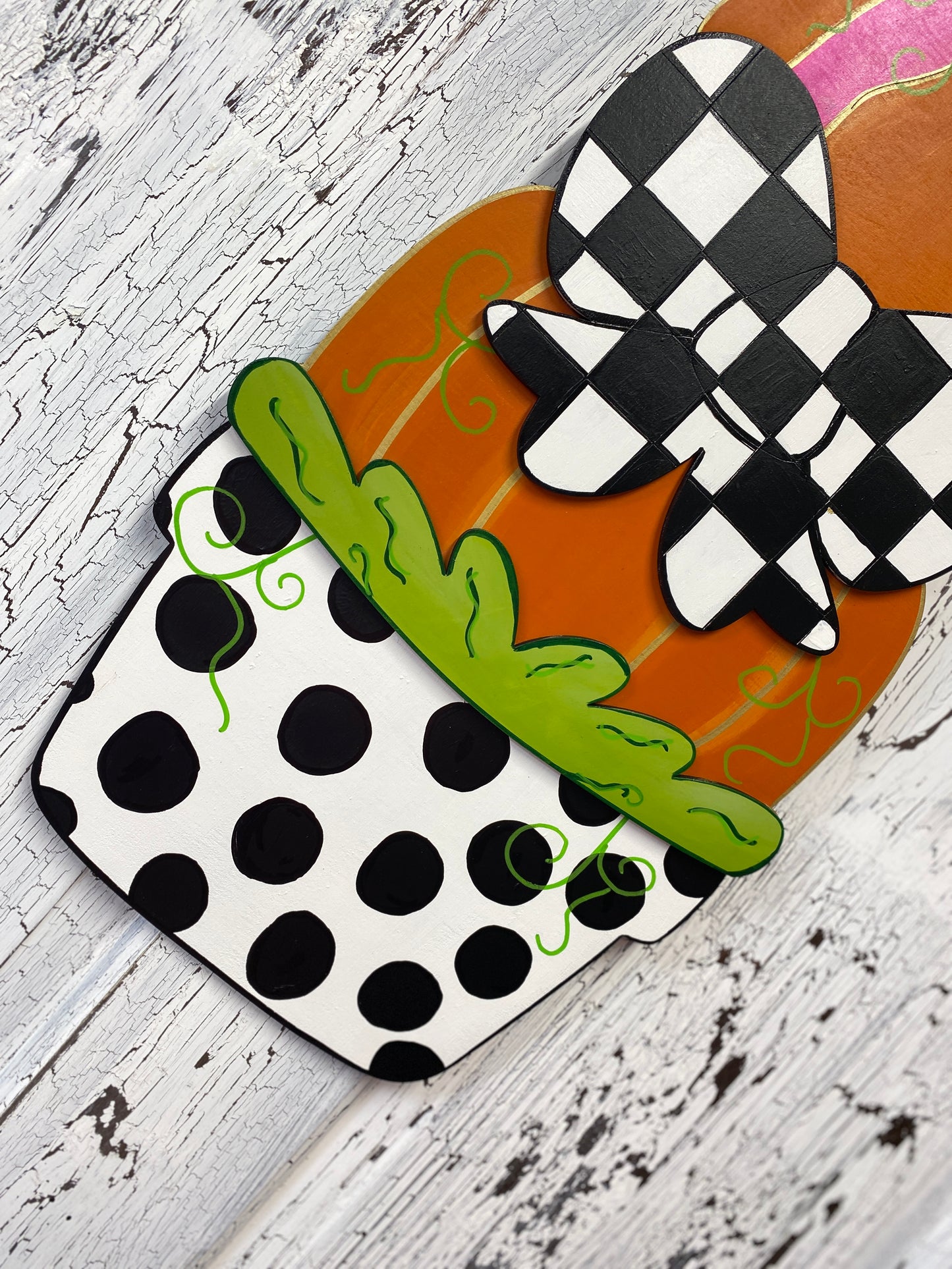 Pumpkin Topiary Checkered Black White Bow Door Hanger Whimsical Fall Front Door Wreath Pink Orange Hand Painted Autumn Porch Decoration
