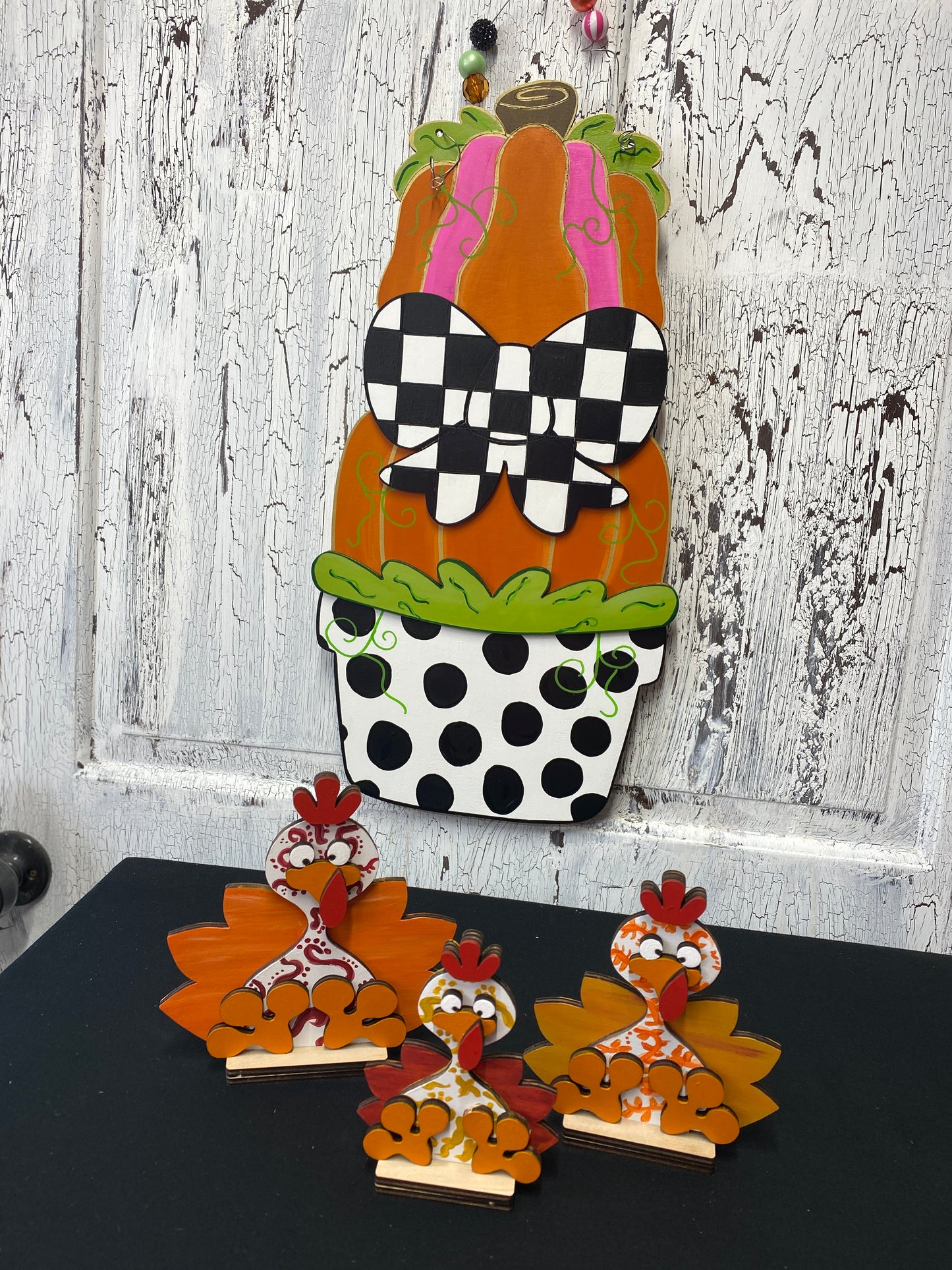 Pumpkin Topiary Checkered Black White Bow Door Hanger Whimsical Fall Front Door Wreath Pink Orange Hand Painted Autumn Porch Decoration