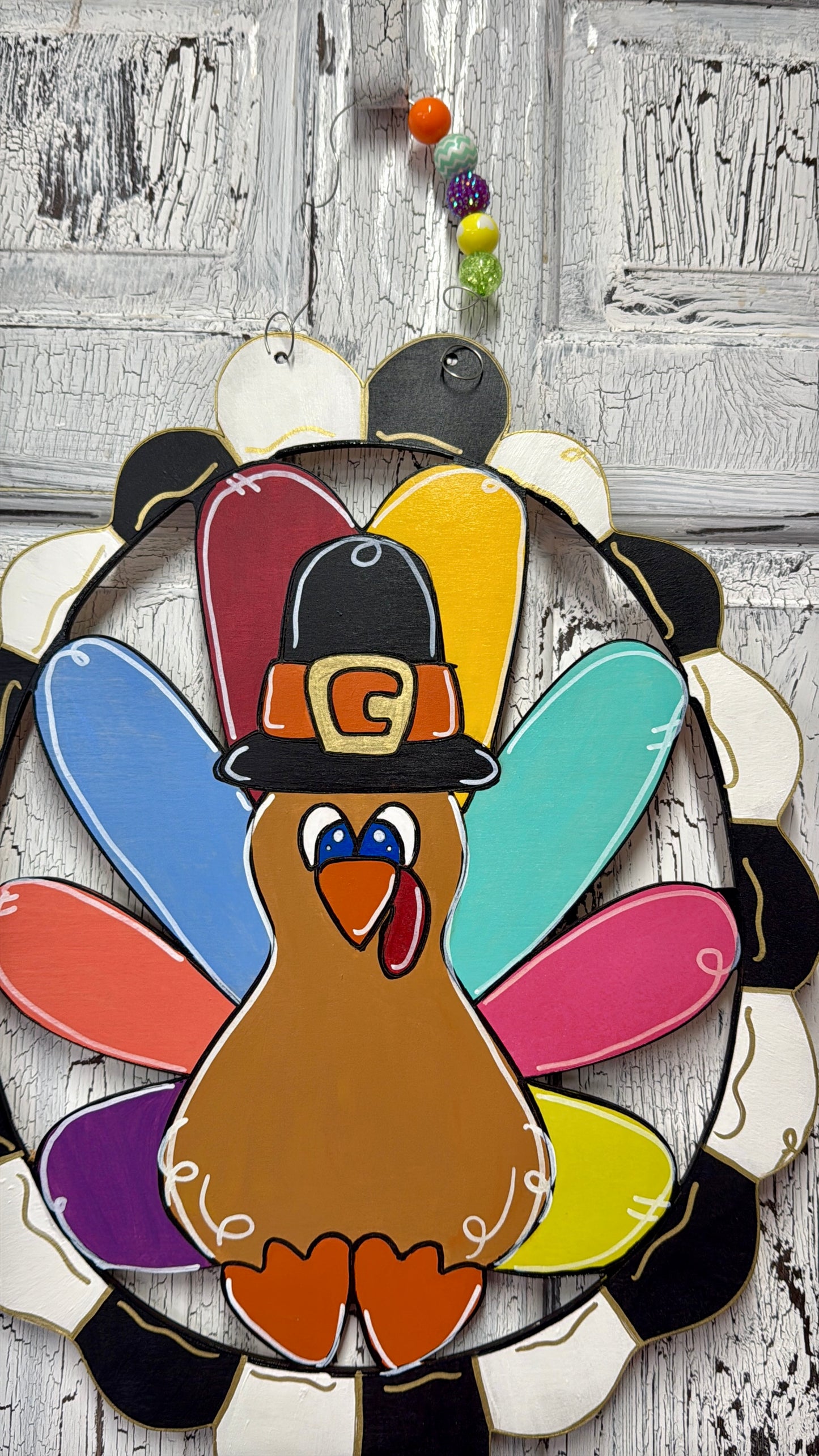 Whimsical Hand Painted Turkey Scalloped Frame Door Hanger – Thanksgiving Door Decor