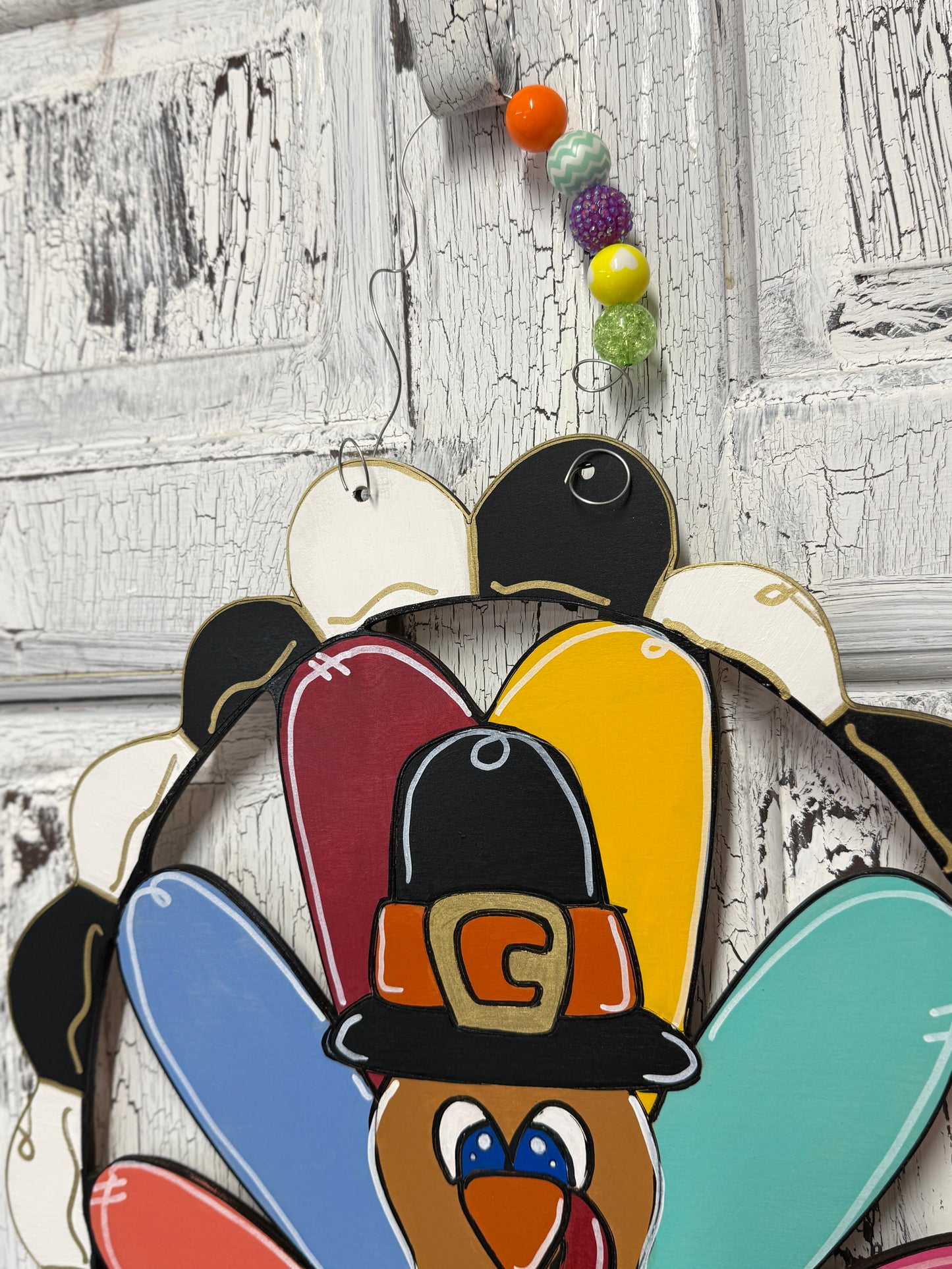 Whimsical Hand Painted Turkey Scalloped Frame Door Hanger – Thanksgiving Door Decor