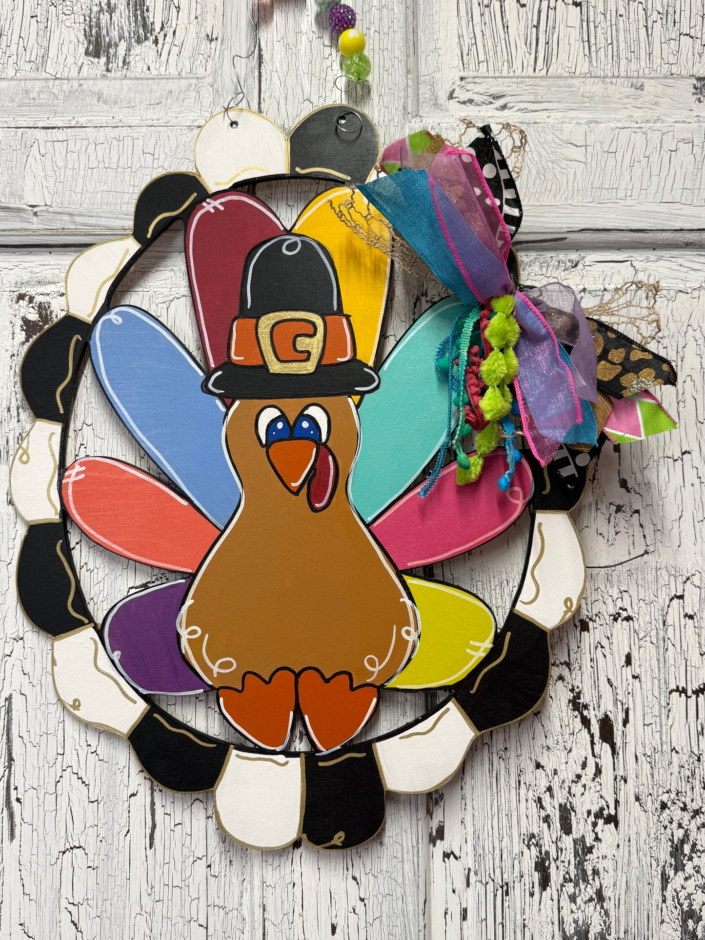 Whimsical Hand Painted Turkey Scalloped Frame Door Hanger – Thanksgiving Door Decor