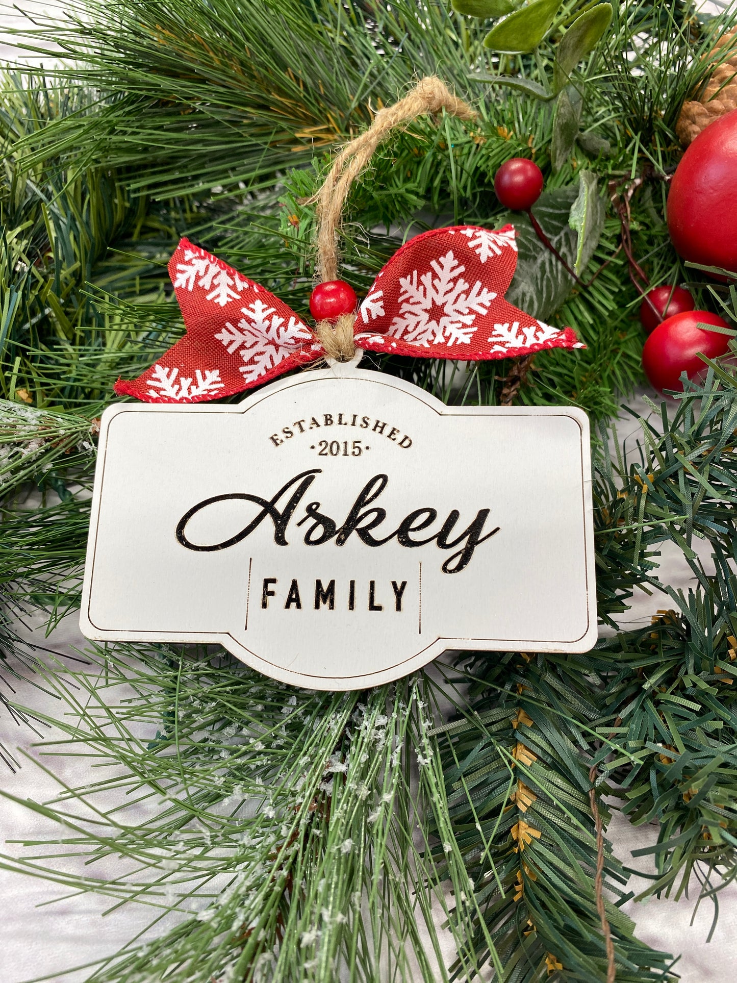 Personalized Last Name Christmas Ornament, Custom Engraved Whiteboard Gift Tag, Unique Holiday Tree Decorations