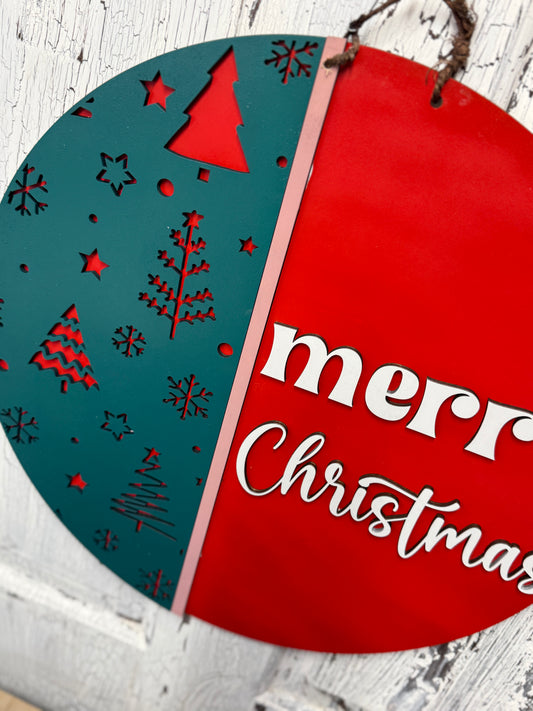 Merry Christmas Front Door Hanger Wreath, Wooden Gift for New Homeowner, Holiday Greeting Wall Decor, From Realtor to Client, Whimsical Tree Ribbon and Greenery
