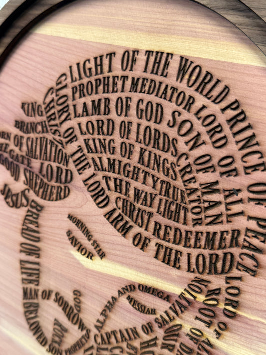 Names of Jesus Wood Wall Art | Christian Cedar Sign | Engraved Jesus Portrait | Faith Home Decor