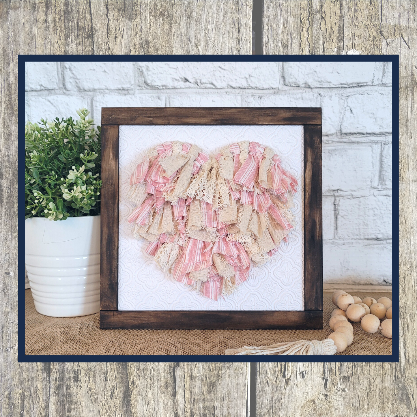 Rag Heart Framed Wooden Blank Valentines Day Decor Laser Cut / Engraved Wooden Blank