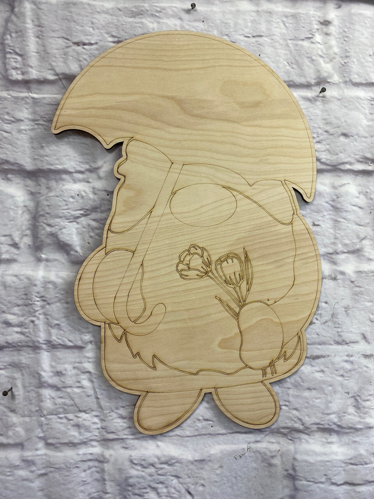 Gnome w/ Umbrella and Tulip Door Hanger / Wall Décor Laser Cut Blank for DIY Project