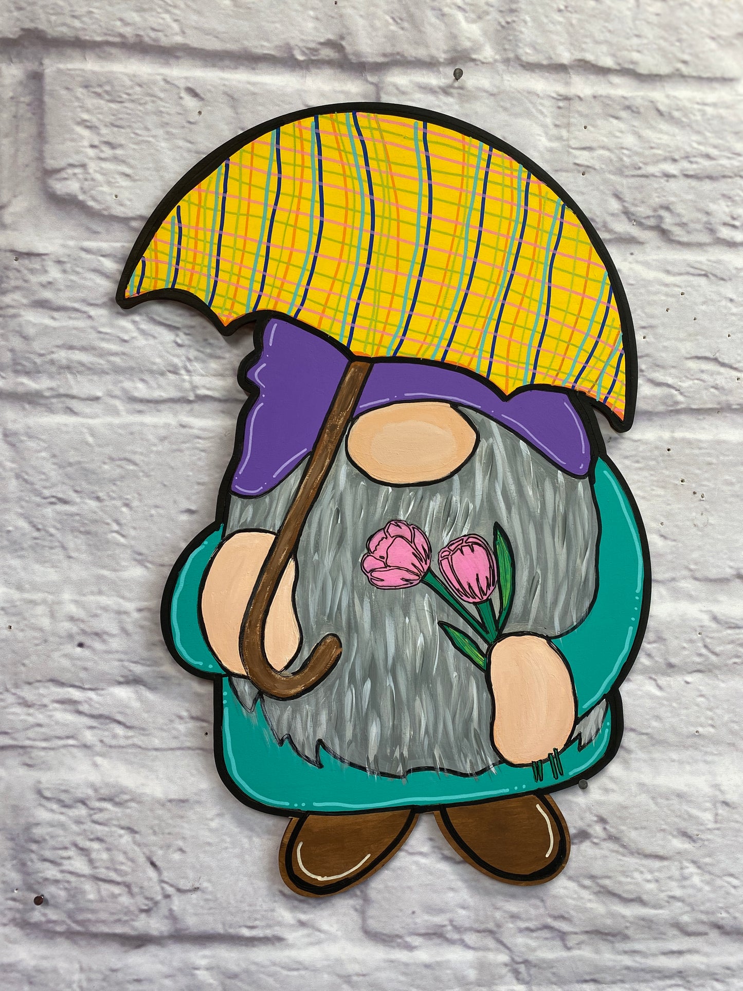 Gnome w/ Umbrella and Tulip Door Hanger / Wall Décor Laser Cut Blank for DIY Project