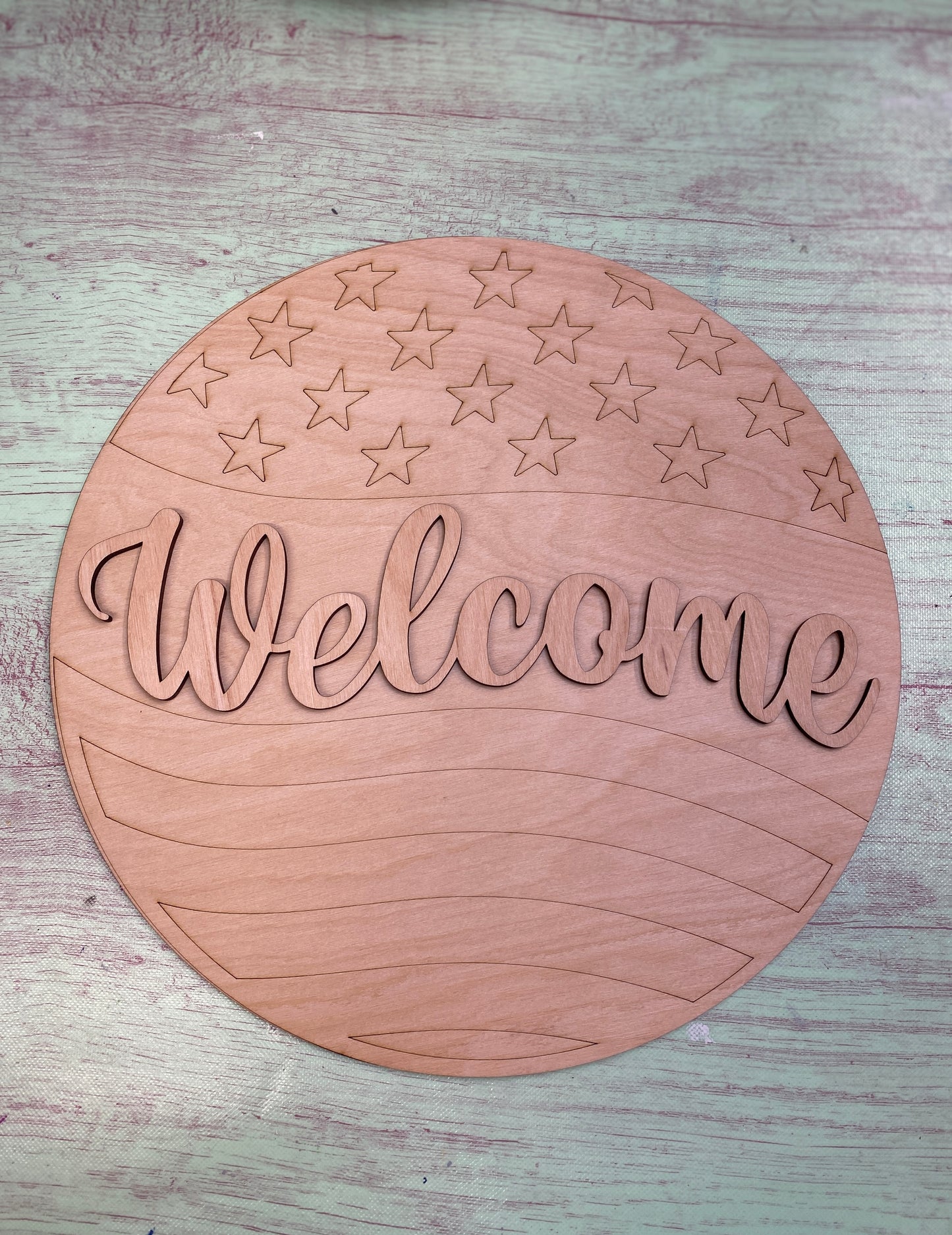 Patriotic Welcome Door Hanger (Smaller Version) Stars and Wavy Stripes Laser Cut Door Hanger / Blanks for DIY Project