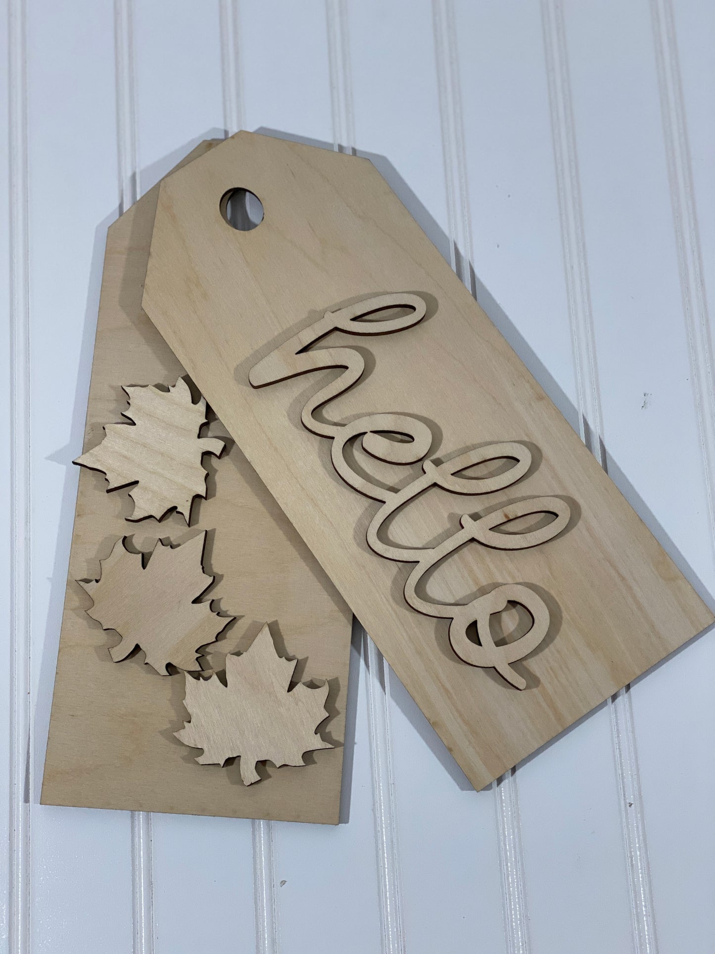 Wooden Tags with Hello Cutout and Maple Leaves Door Hanger Laser Cut / Engraved Wooden Blank
