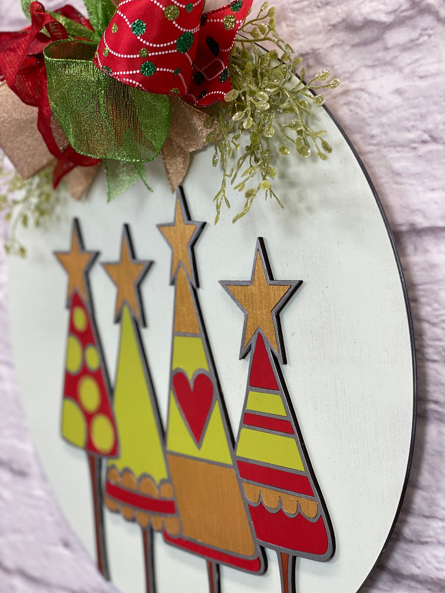 Whimsical Christmas Trees 3D Door Hanger with Bow