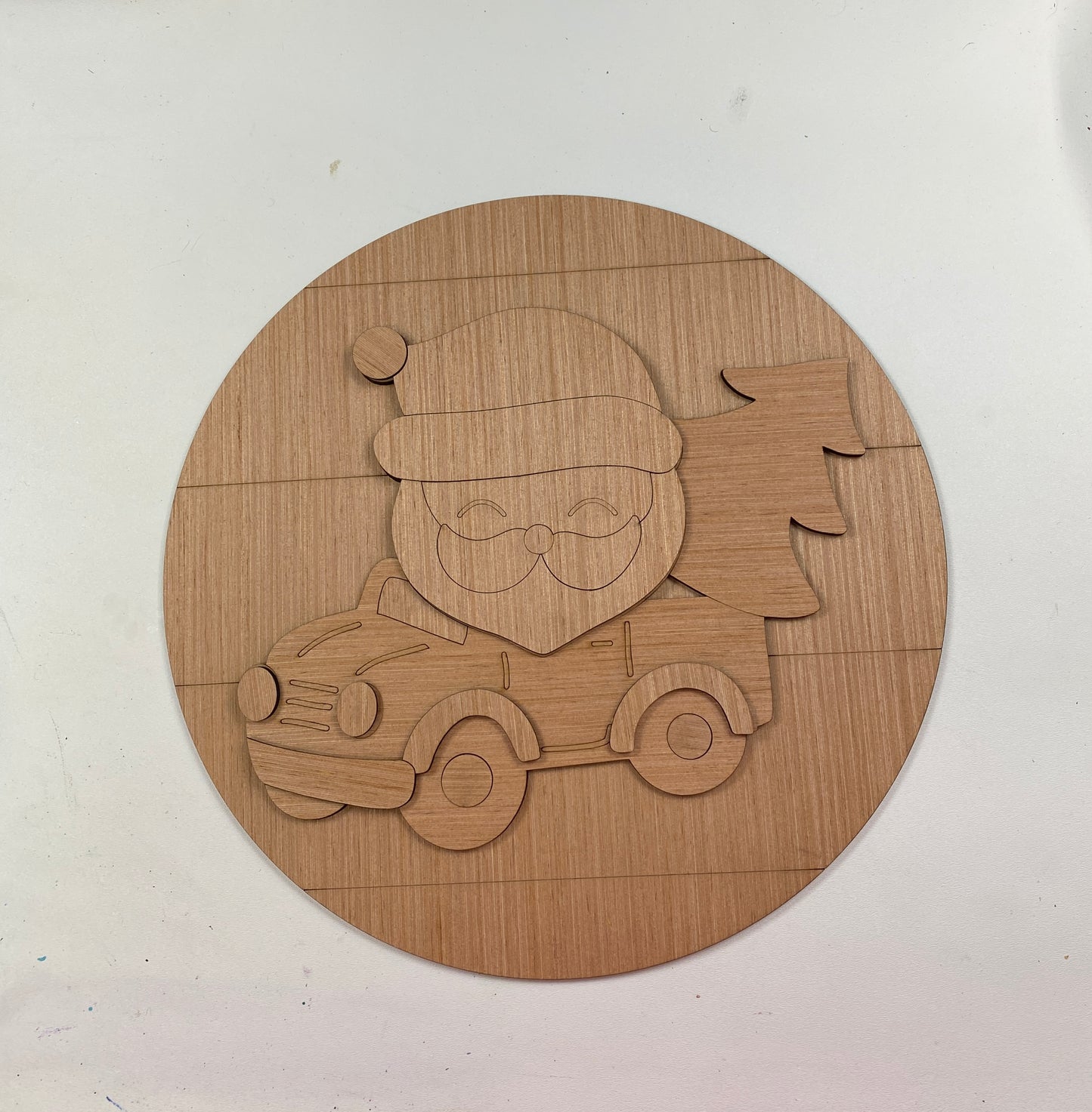 Santa Red Truck and Tree w/ Shiplap Round Door Hanger Laser Cut Out Blank