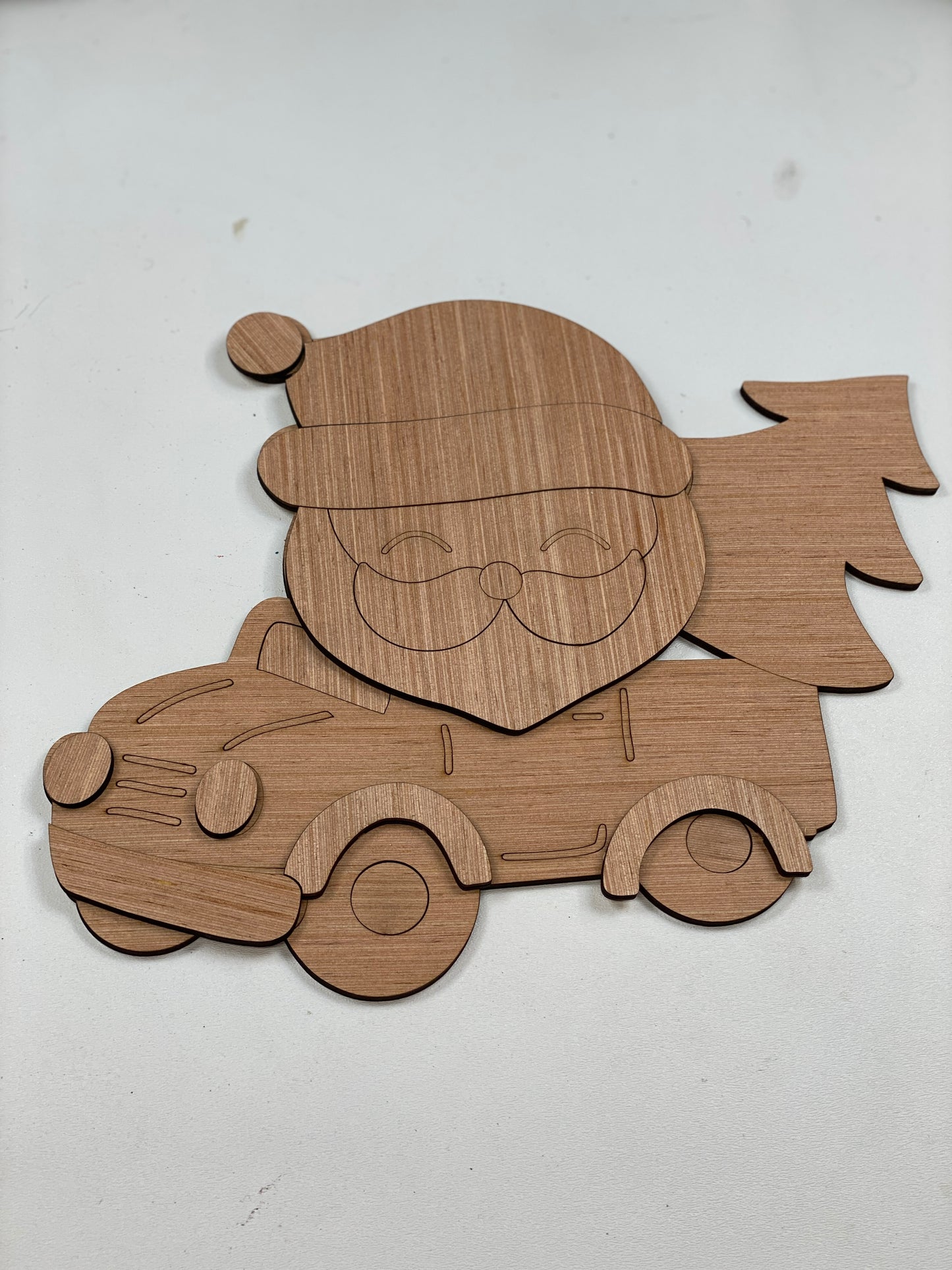 Santa Red Truck and Tree w/ Shiplap Round Door Hanger Laser Cut Out Blank