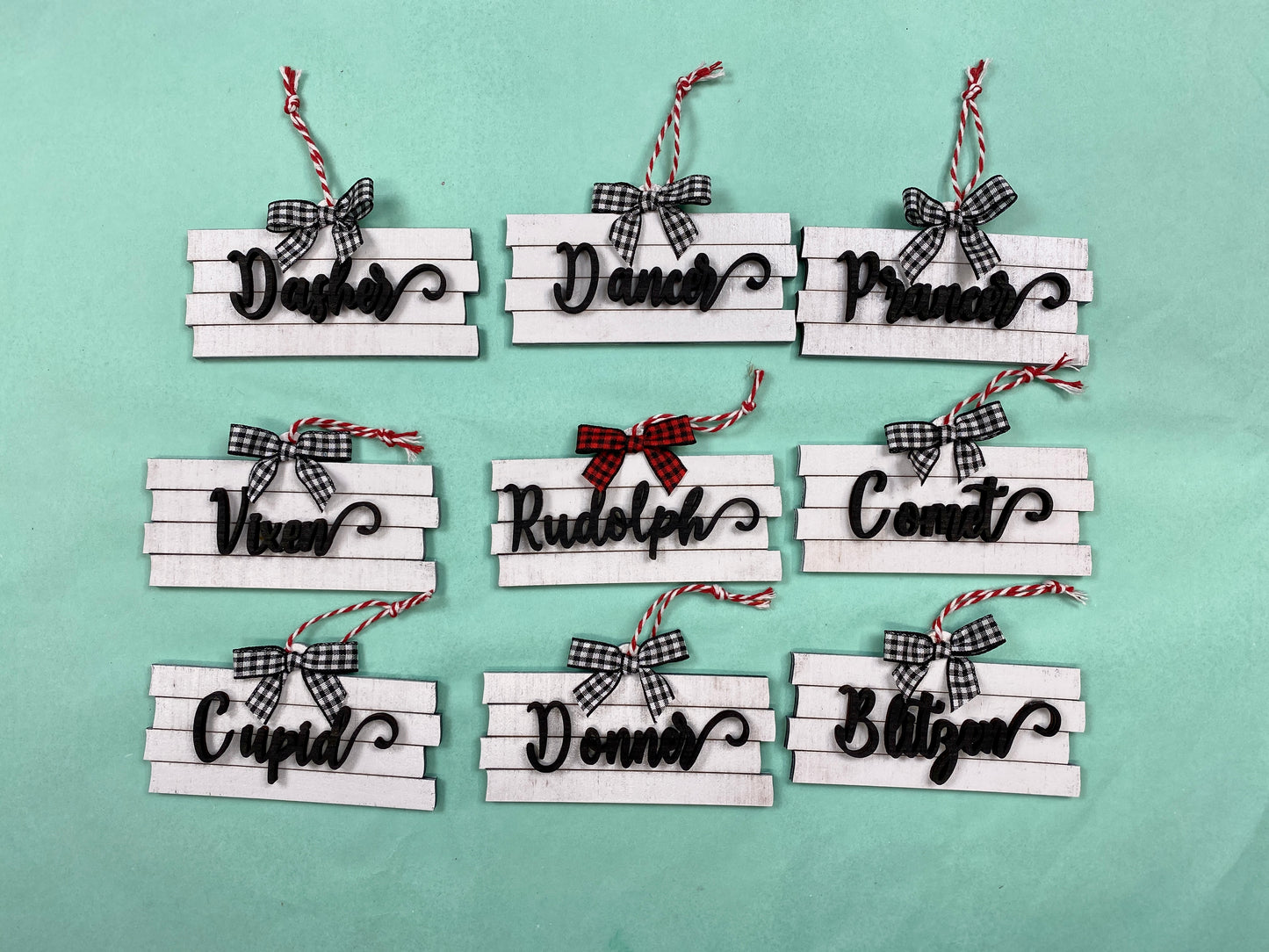 Santa's Reindeer Nameplate Christmas Ornaments Laser Cut / Engraved Wooden Blank Ornament