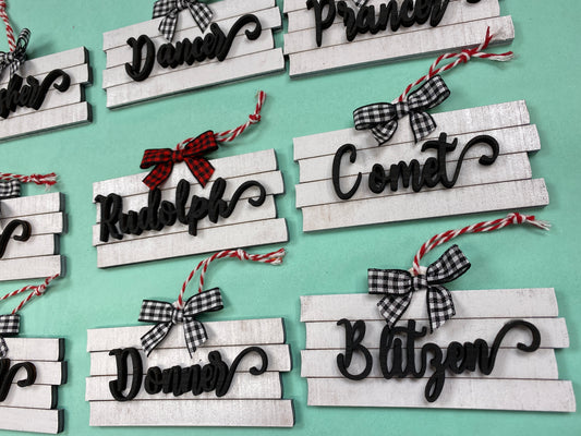 Santa's Reindeer Nameplate Christmas Ornaments Laser Cut / Engraved Wooden Blank Ornament