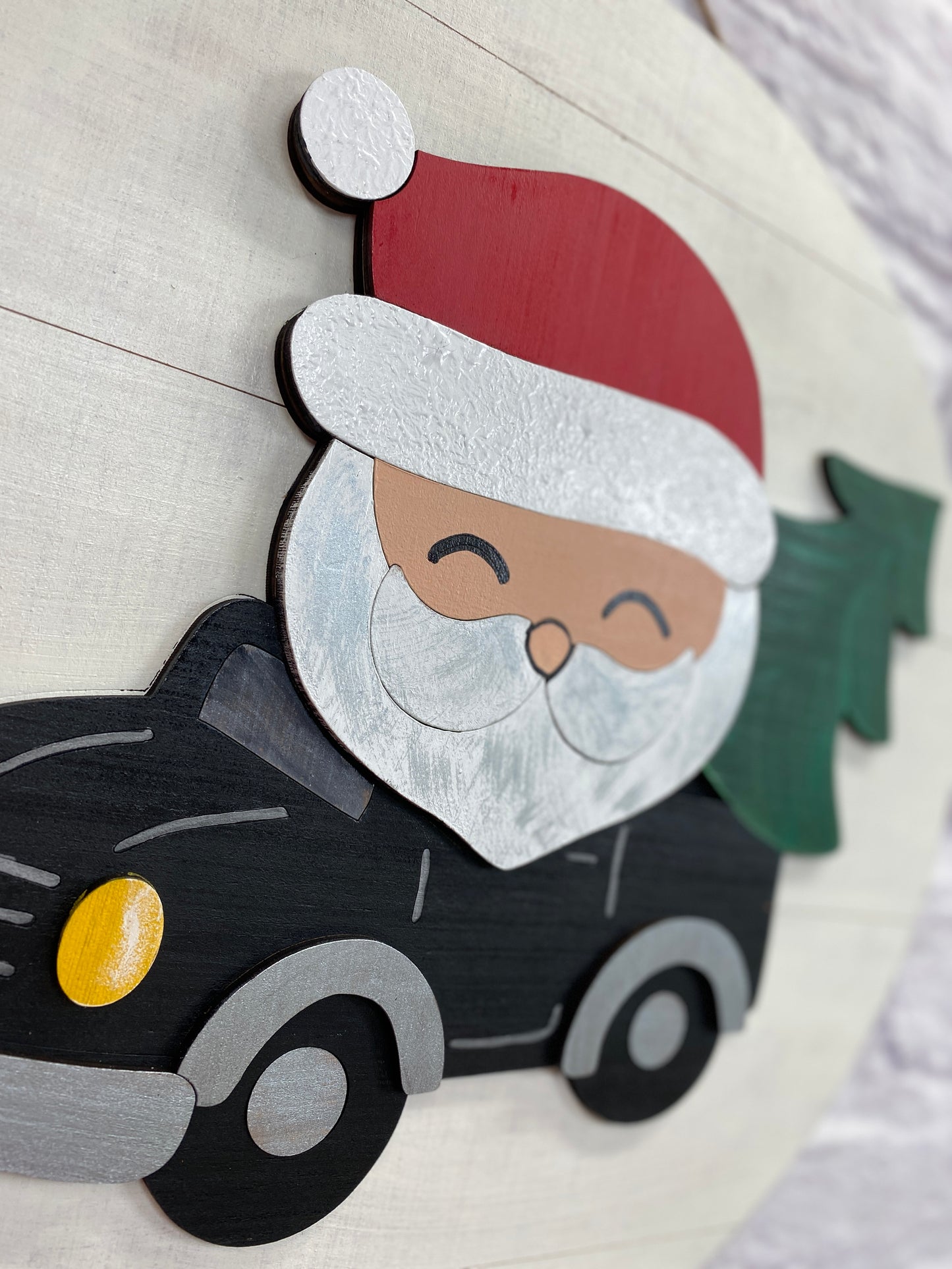 Santa Red Truck and Tree w/ Shiplap Round Door Hanger Laser Cut Out Blank