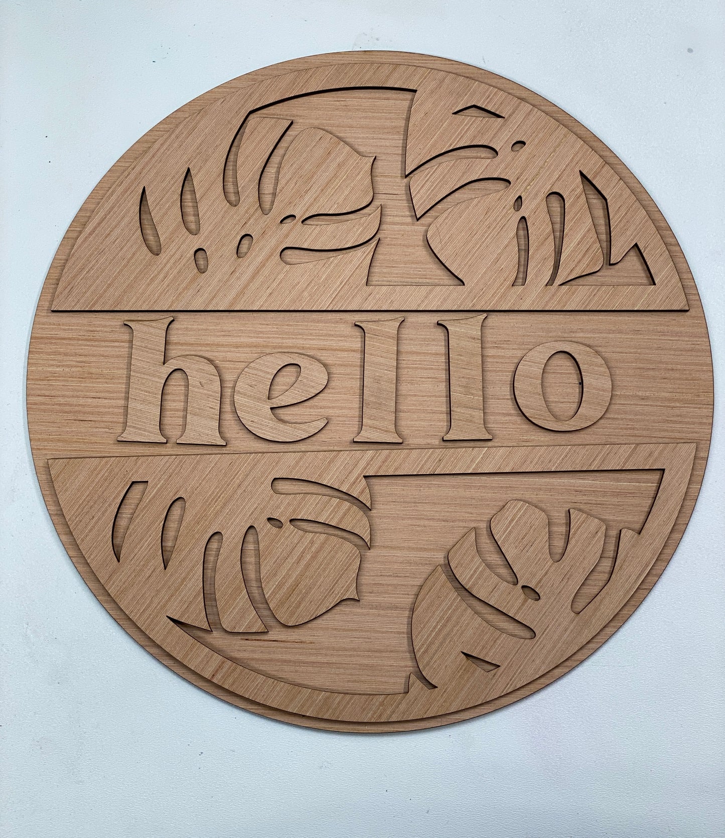 Hello Door Hanger with Monstera Leaf Detail 3D Laser Cut Wood Blank Cutout Door Hanger