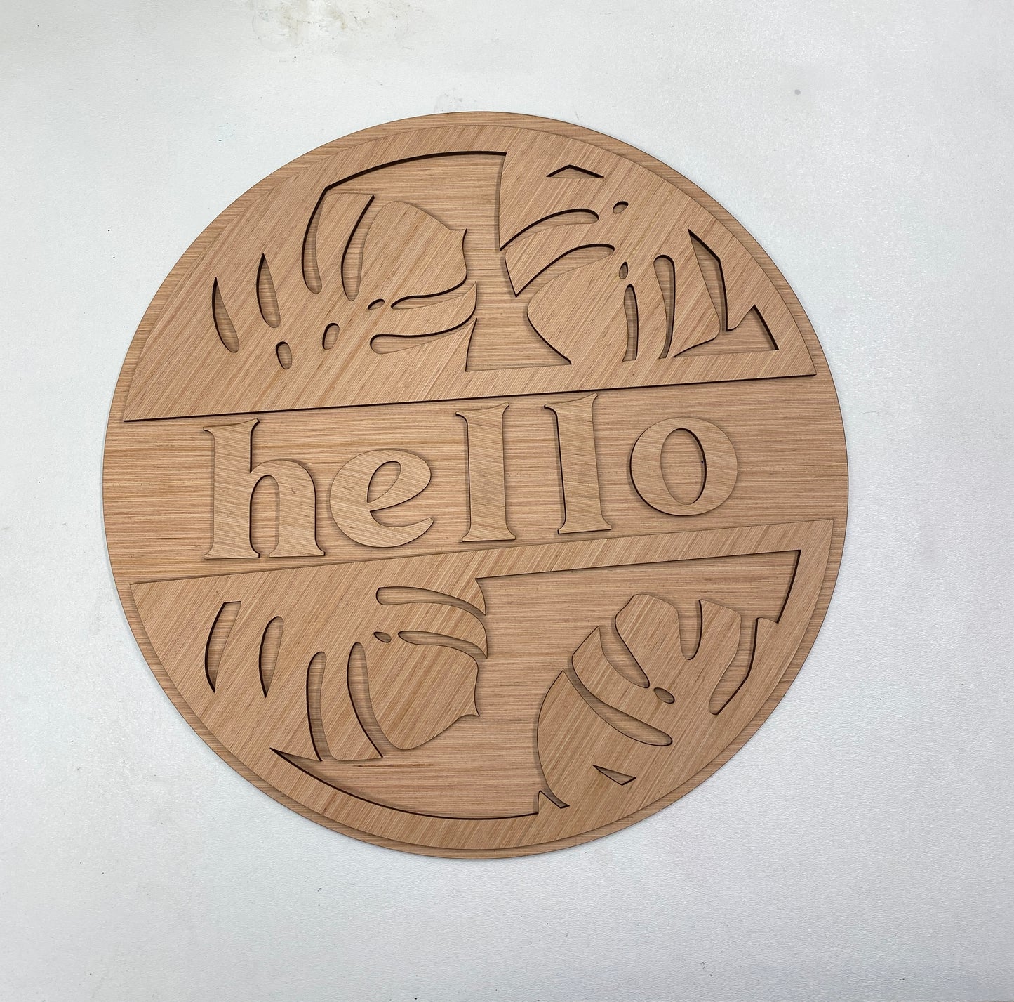 Hello Door Hanger with Monstera Leaf Detail 3D Laser Cut Wood Blank Cutout Door Hanger