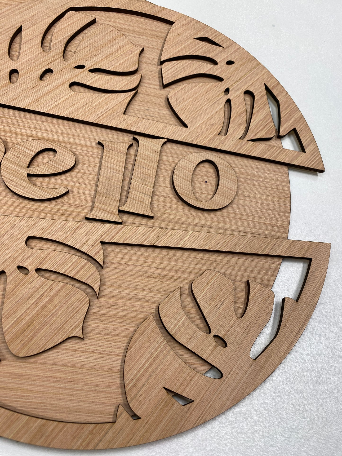Hello Door Hanger with Monstera Leaf Detail 3D Laser Cut Wood Blank Cutout Door Hanger