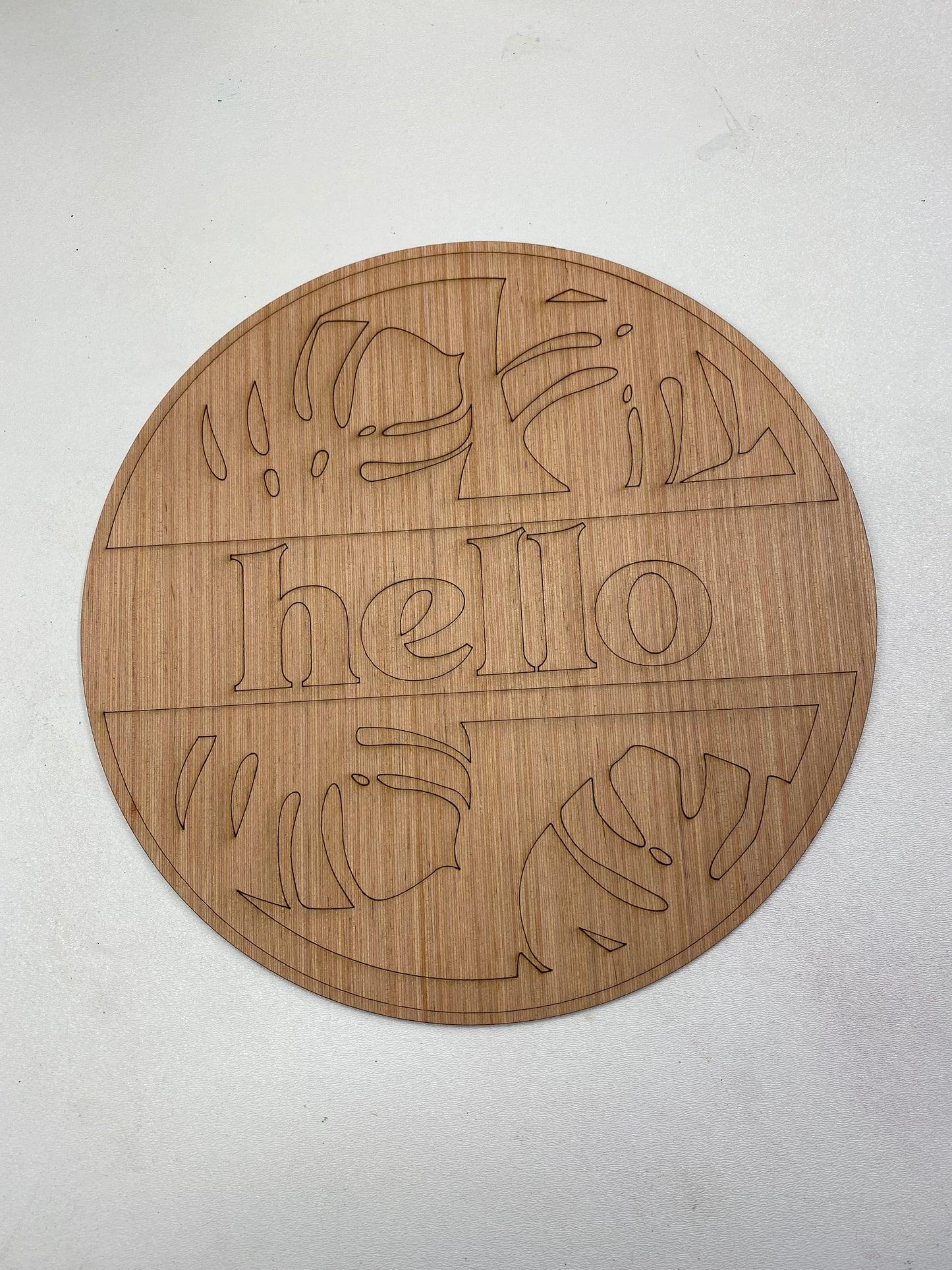 Hello Door Hanger with Monstera Leaf Detail 3D Laser Cut Wood Blank Cutout Door Hanger